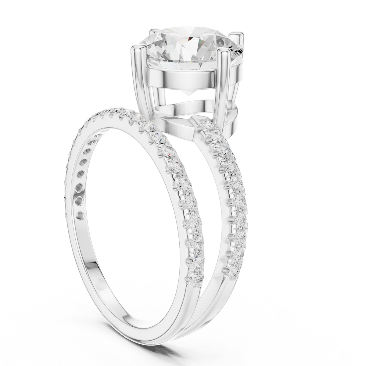 Round asymmetric crossover pave ring white gold front view