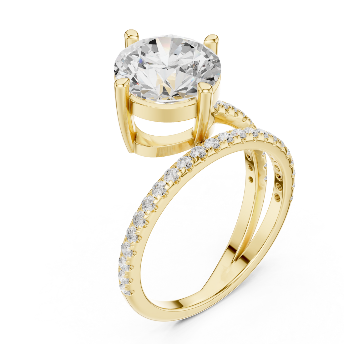 Round asymmetric crossover pave ring yellow gold front view