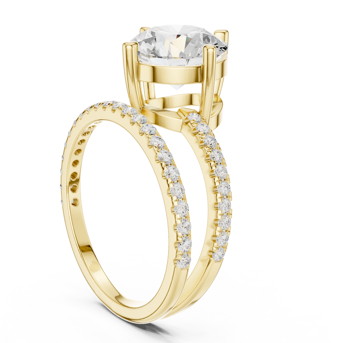Round asymmetric crossover pave ring yellow gold front view