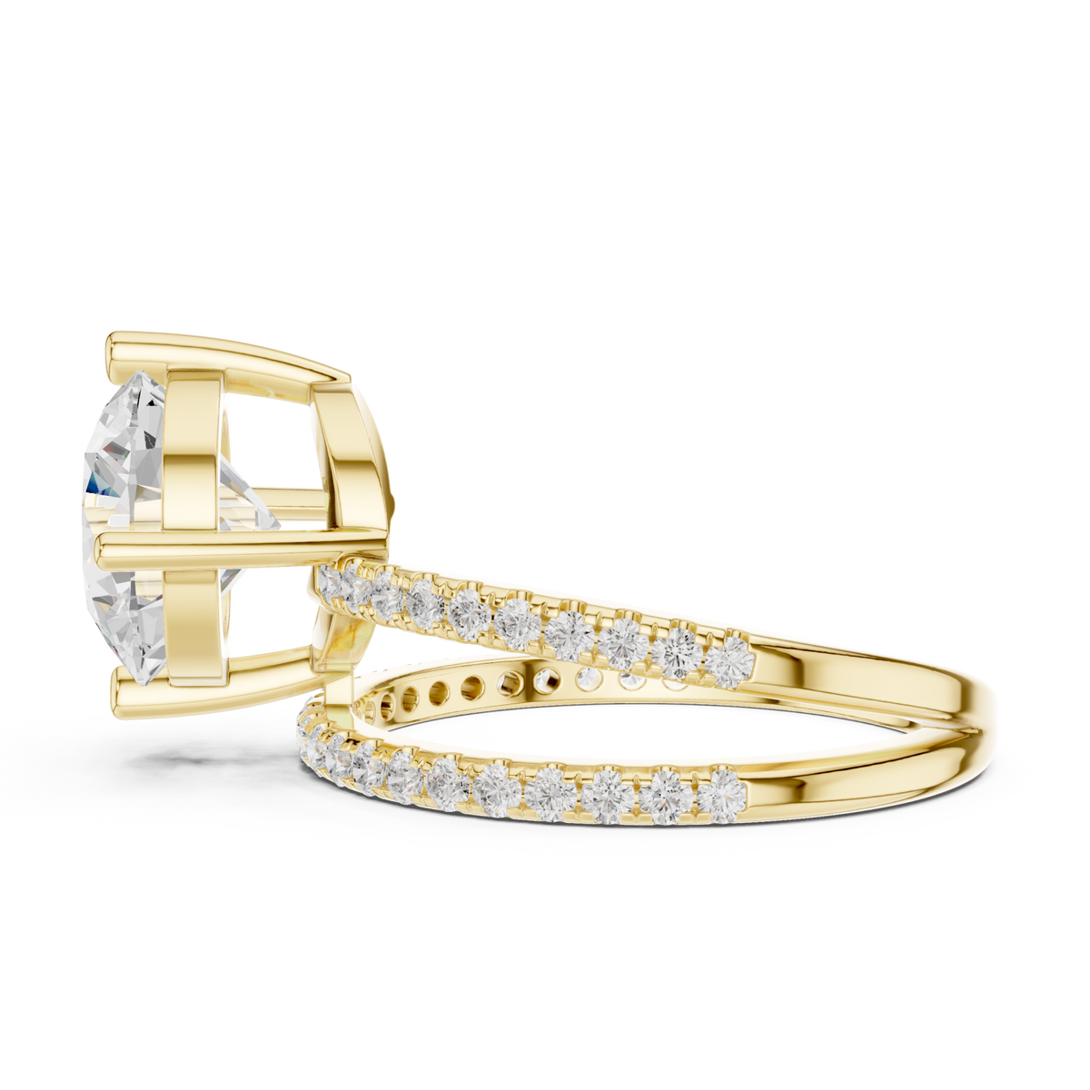 Round asymmetric crossover pave ring yellow gold side view