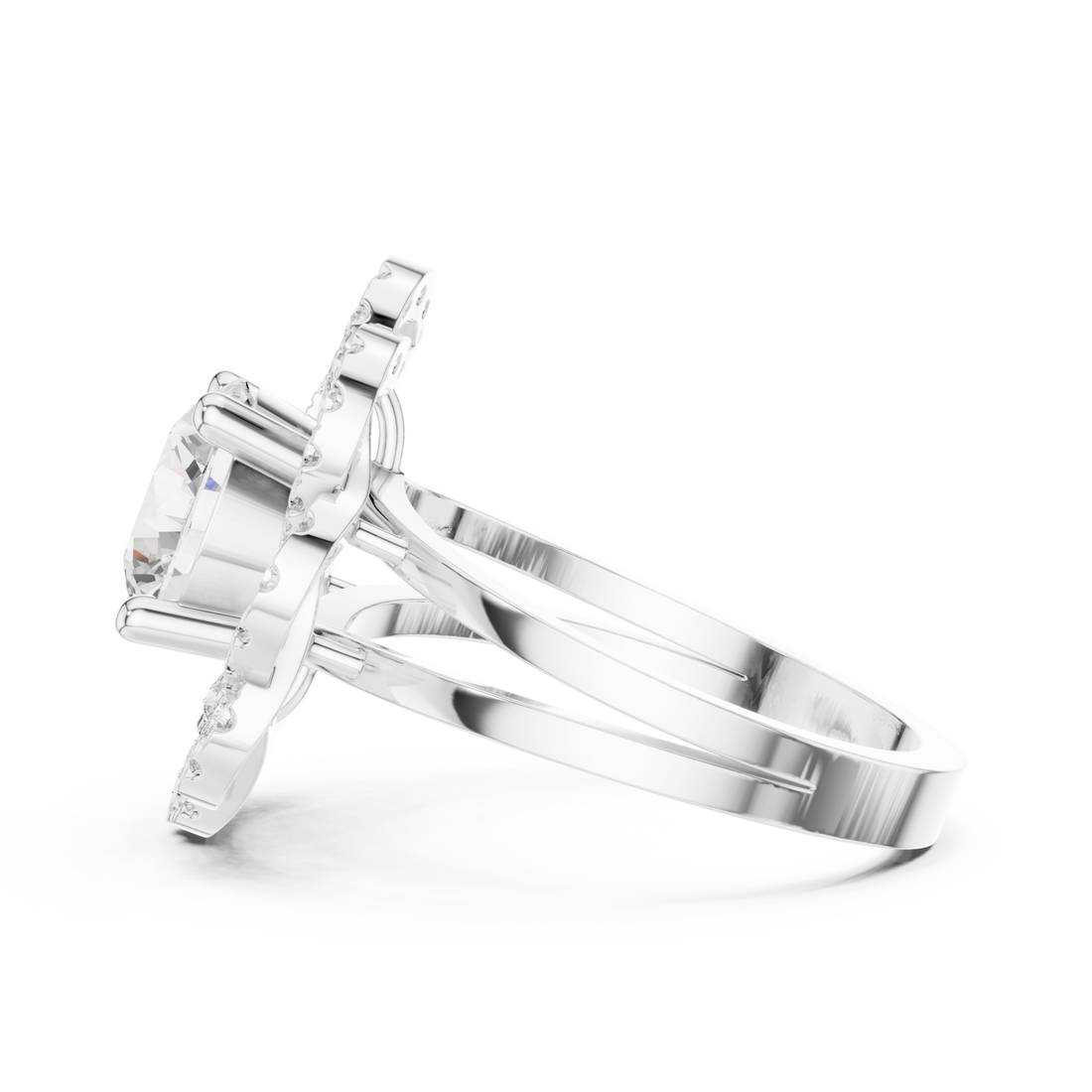 Round ballerina frill halo ring white gold front view