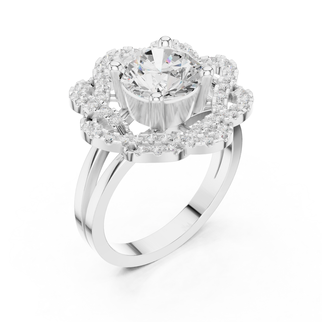 Round ballerina frill halo ring white gold front view