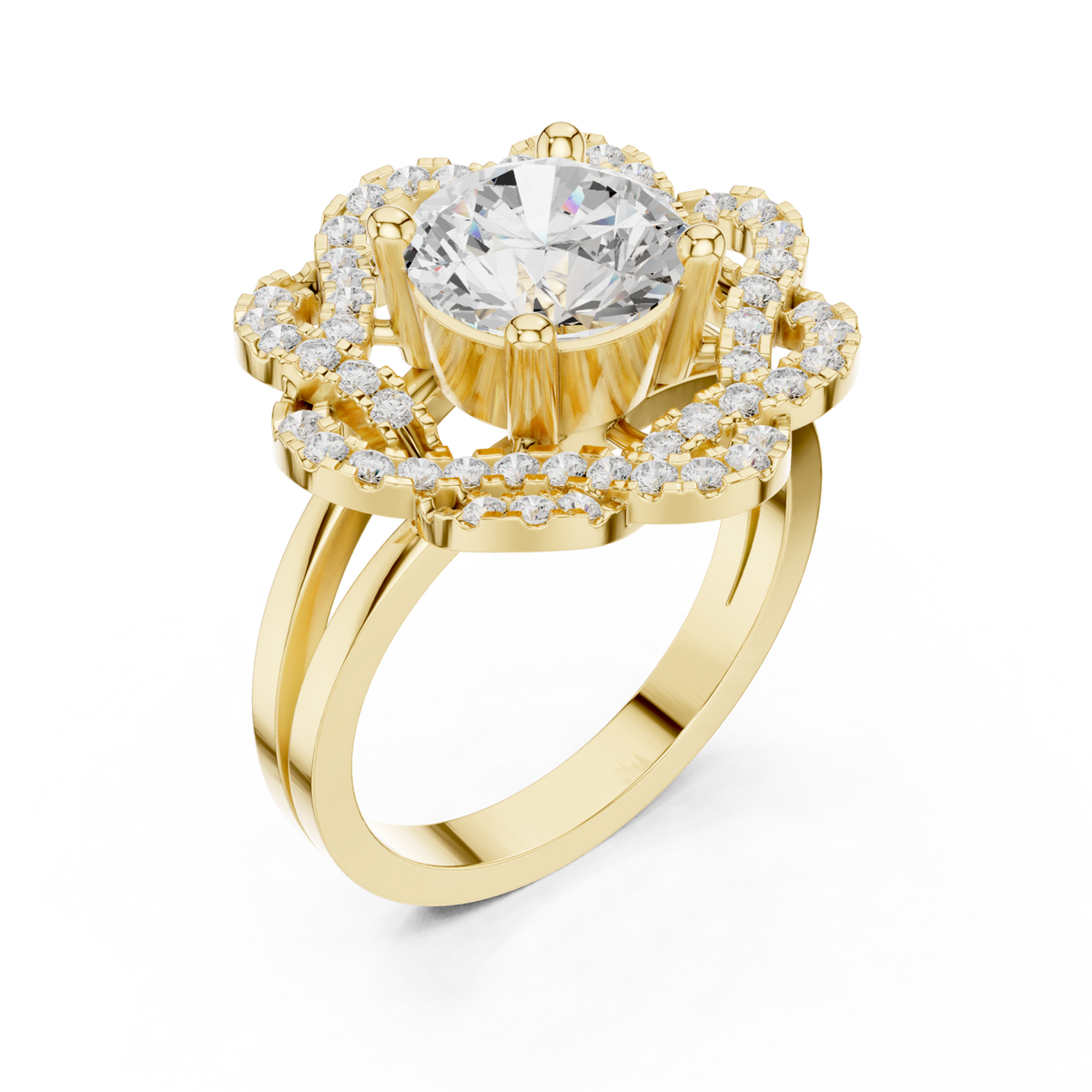 Round ballerina frill halo ring yellow gold front view