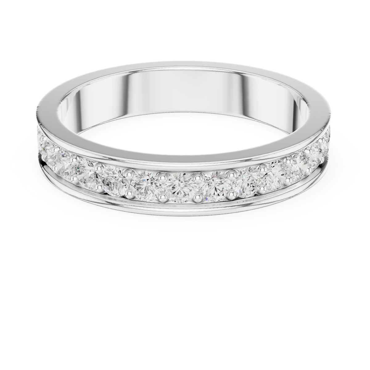 Round bead-set channel full eternity band white gold detail view