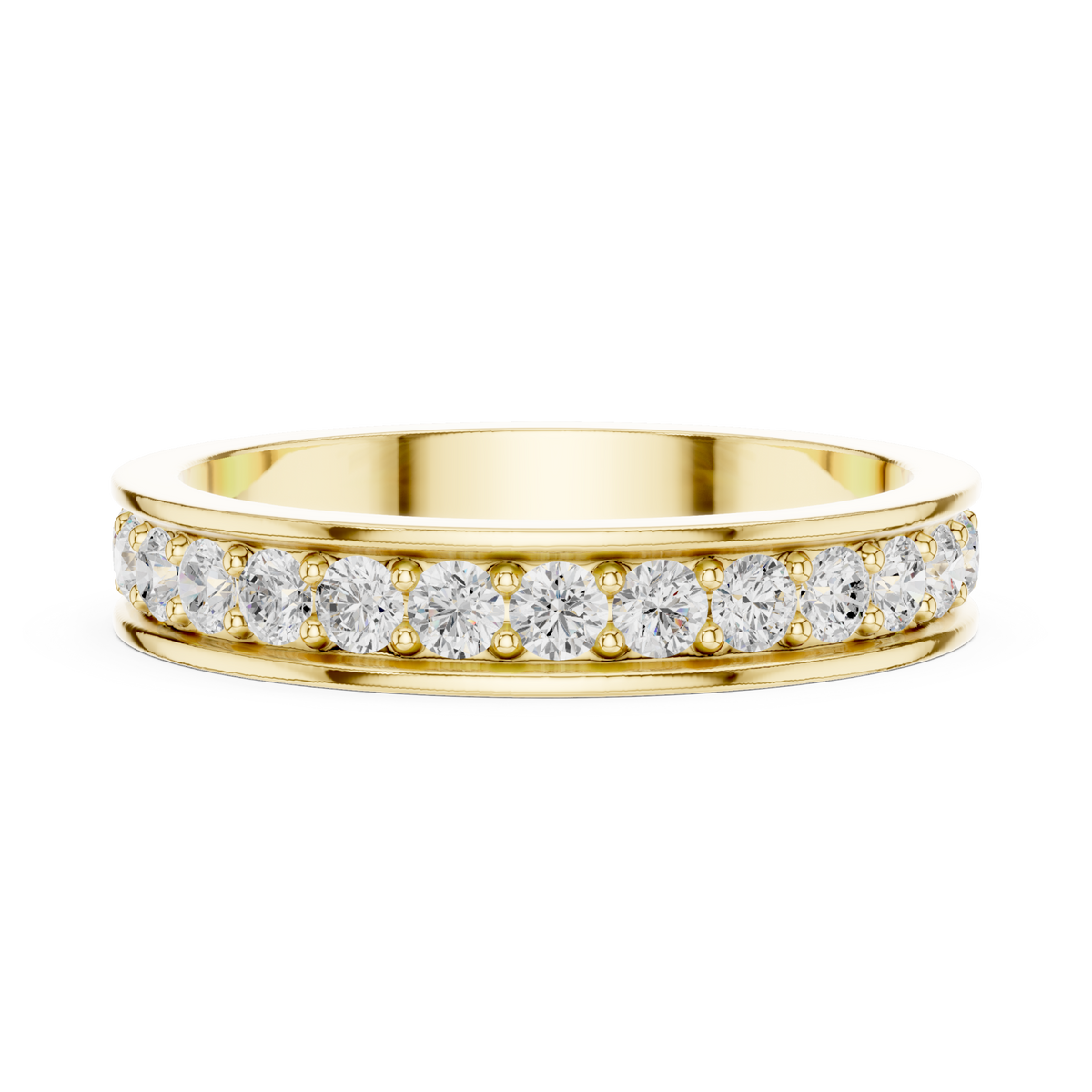 Round bead-set channel full eternity band yellow gold angle view