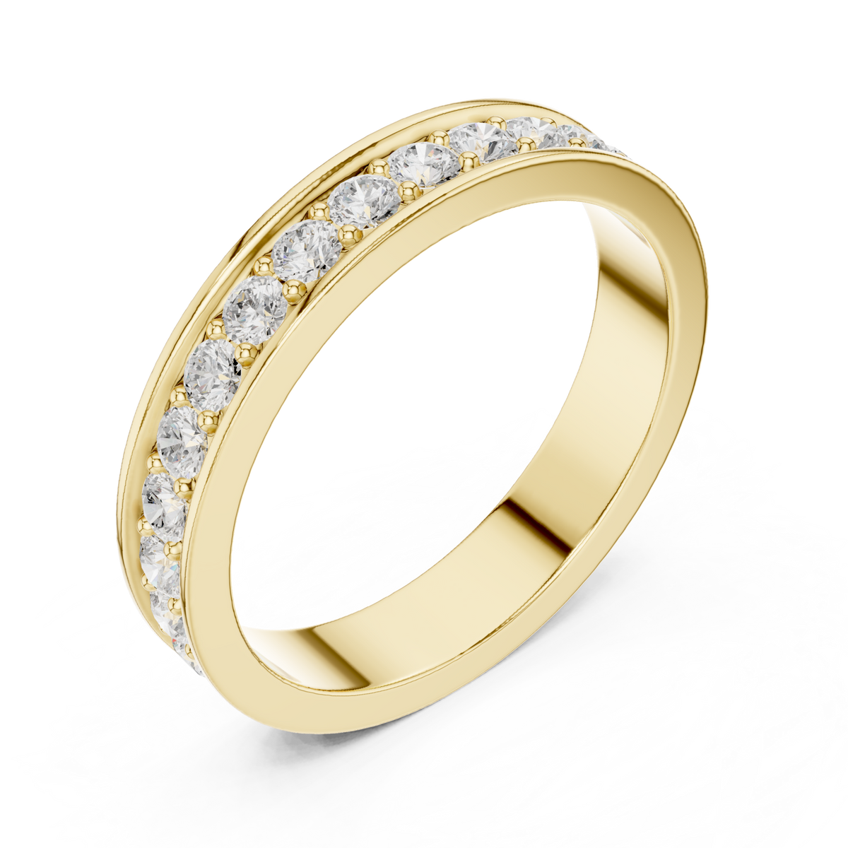 Round bead-set channel full eternity band yellow gold front view