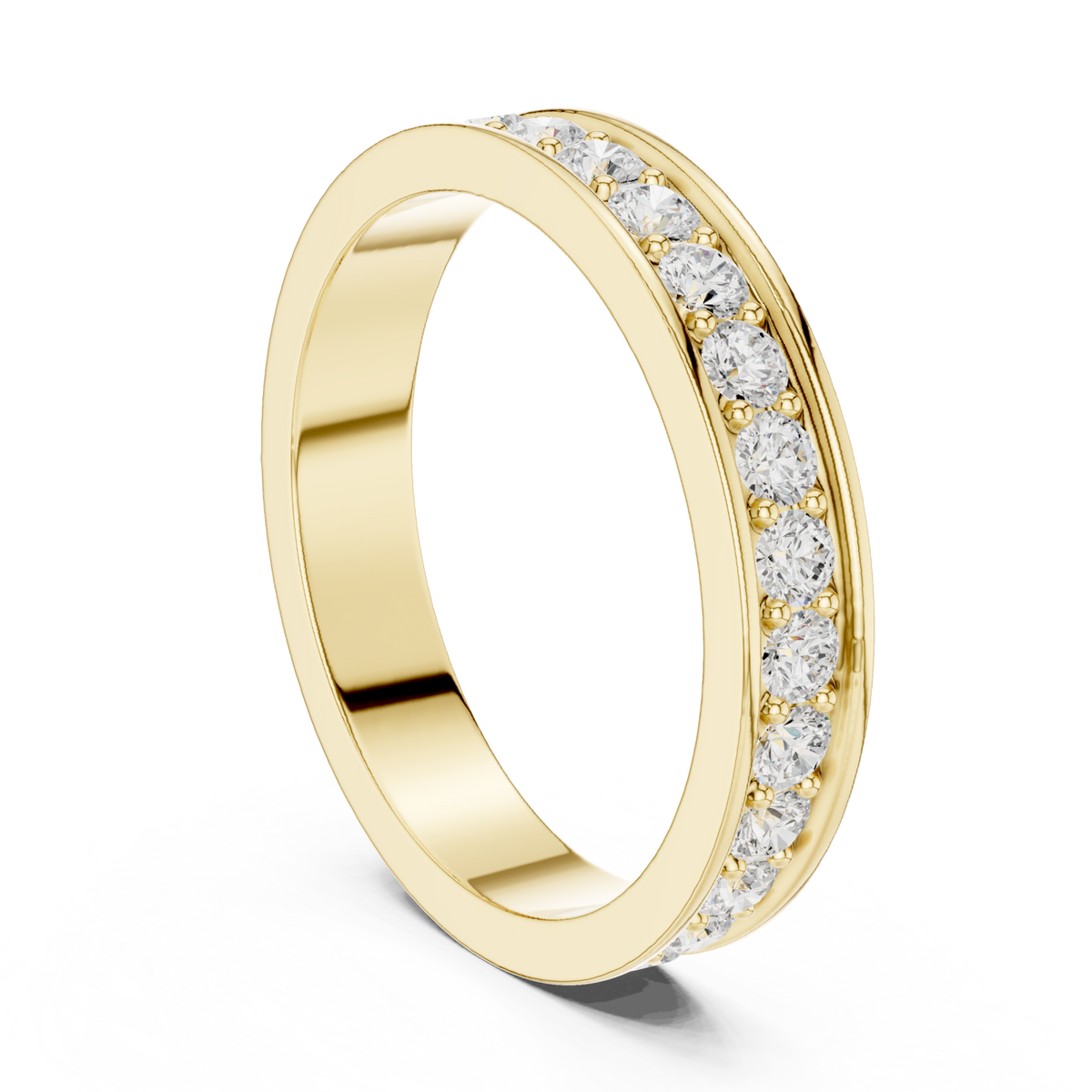 Round bead-set channel full eternity band yellow gold side view