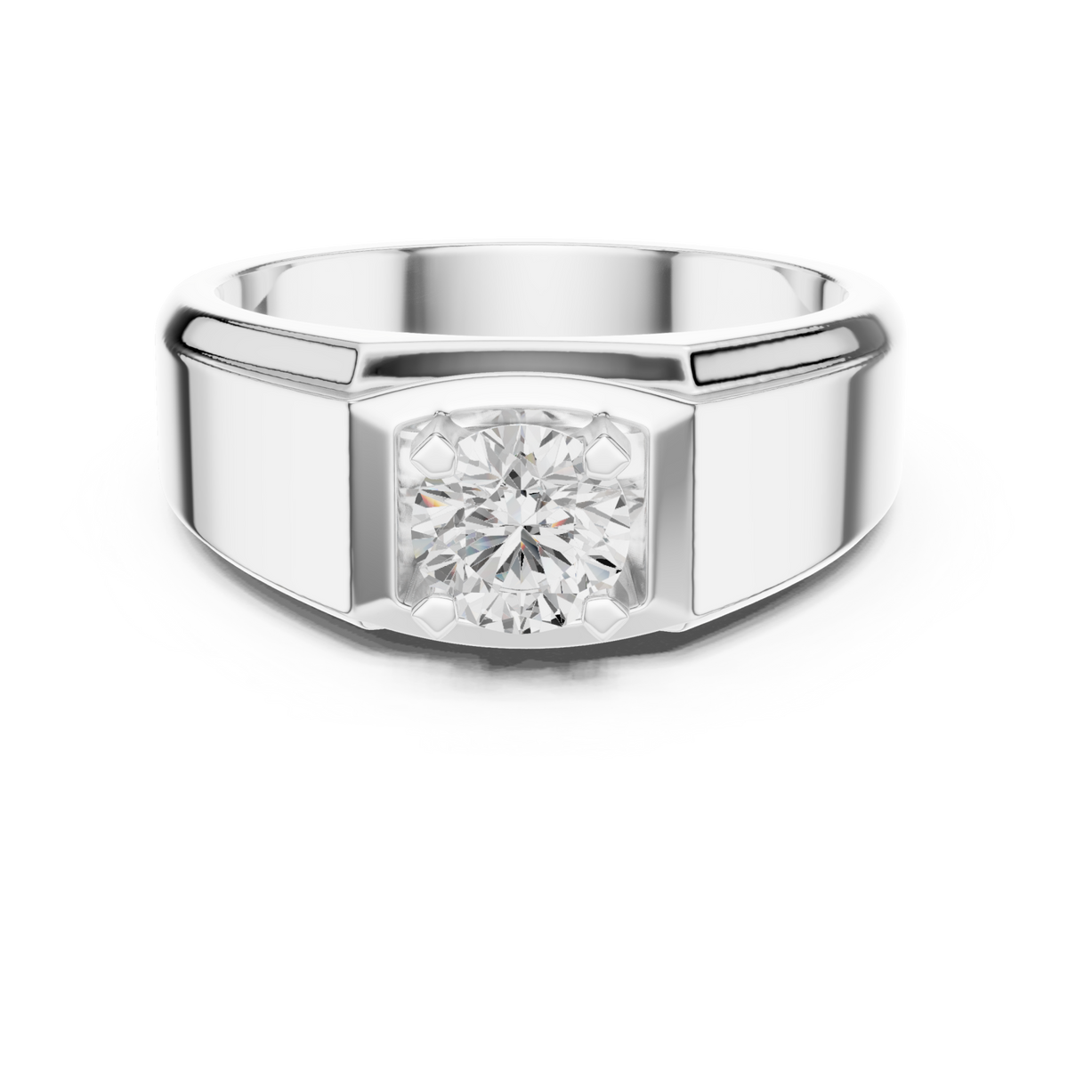  White Gold Round Beveled Plateau Solitaire Ring for Him Detail View