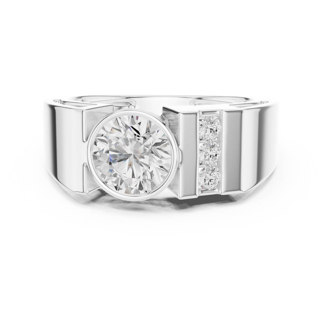  White Gold Round Bezel Bar Ring for Him Front View