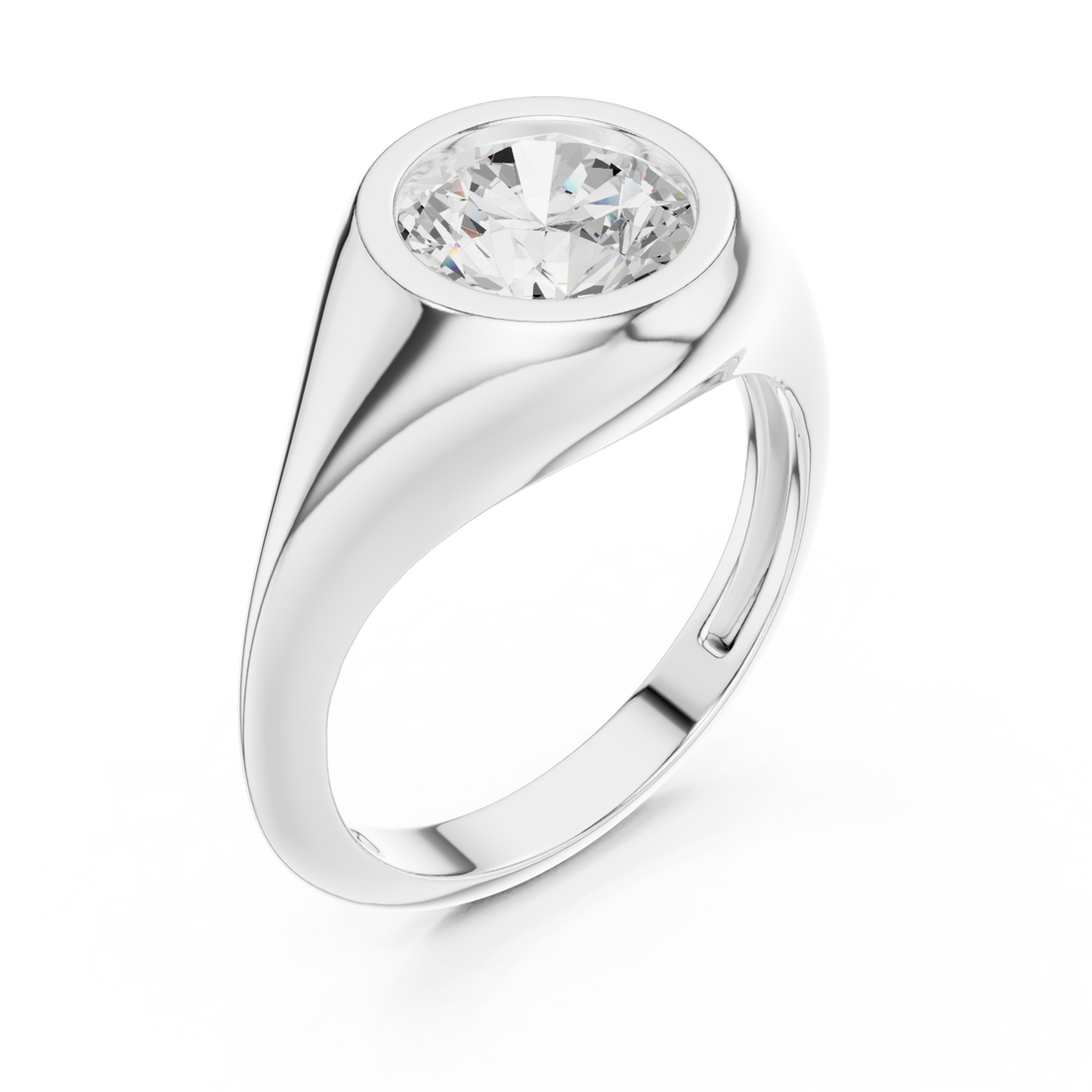 Round bezel signet ring white gold front view