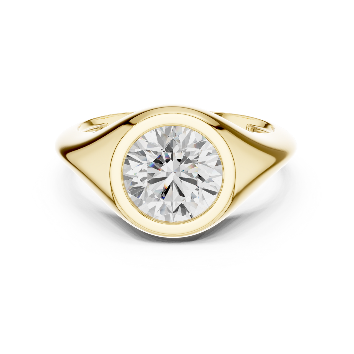 Round bezel signet ring yellow gold detail view