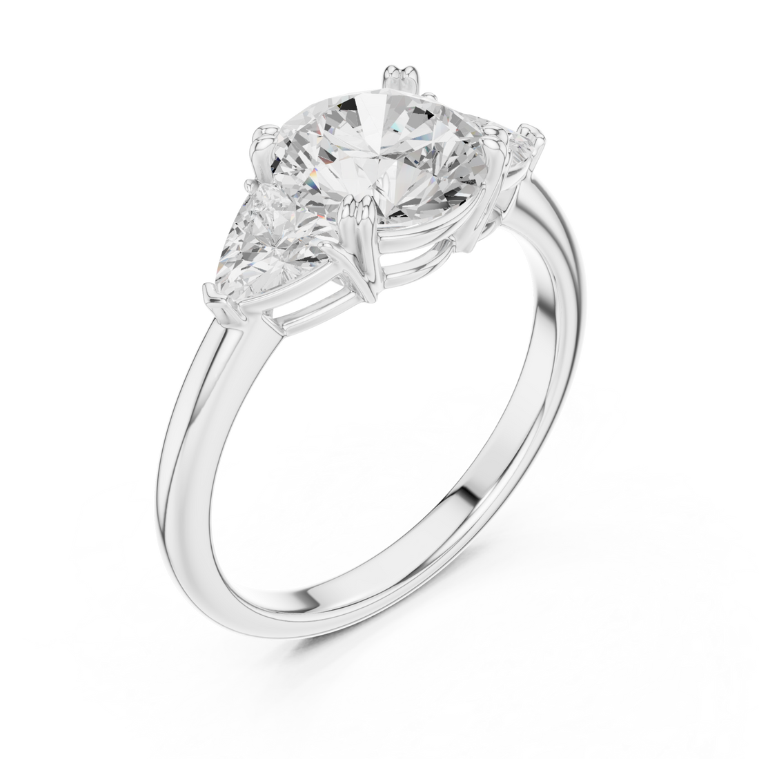 Round bold trillion three stone engagement ring white gold front view
