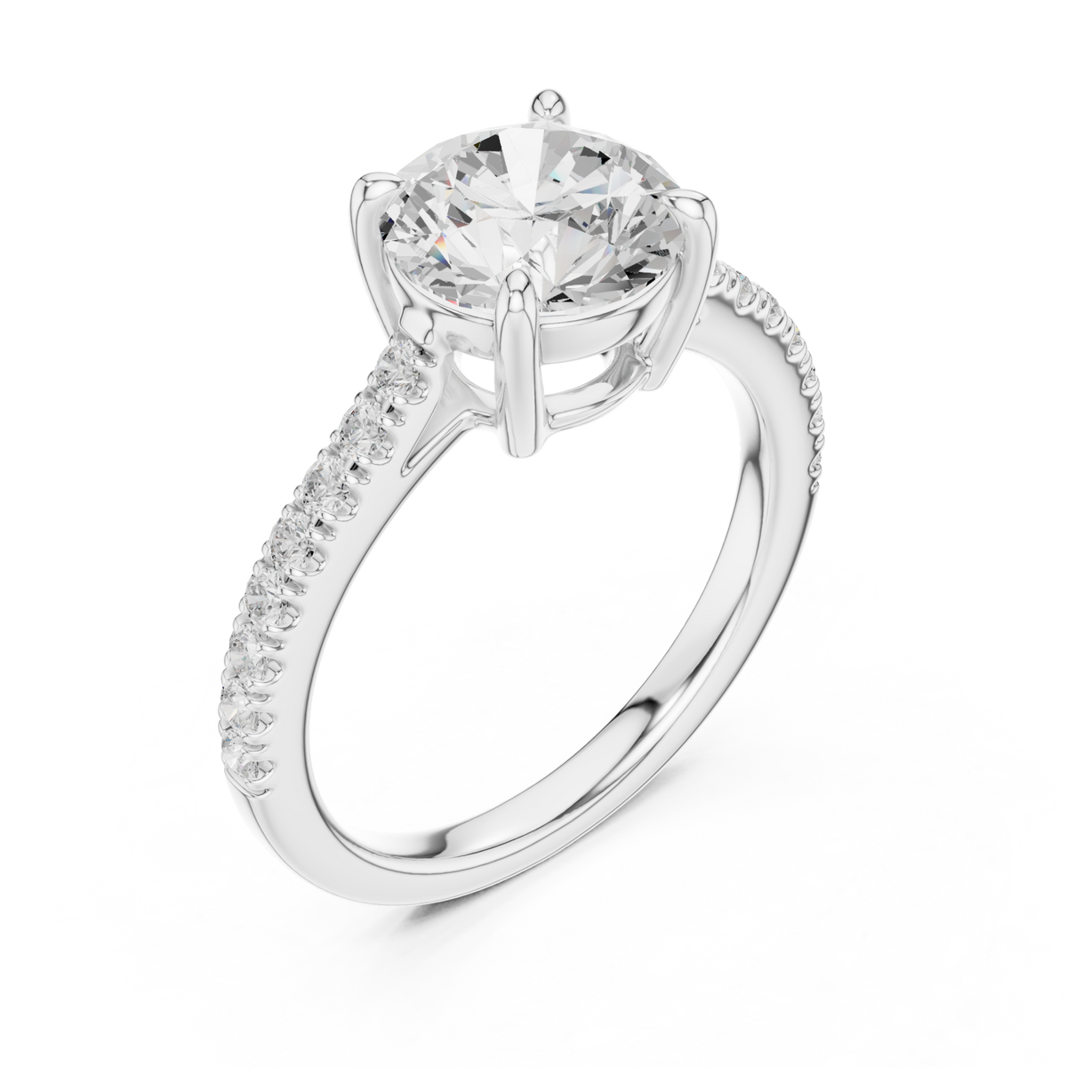 Round cathedral pave engagement ring white gold angle view