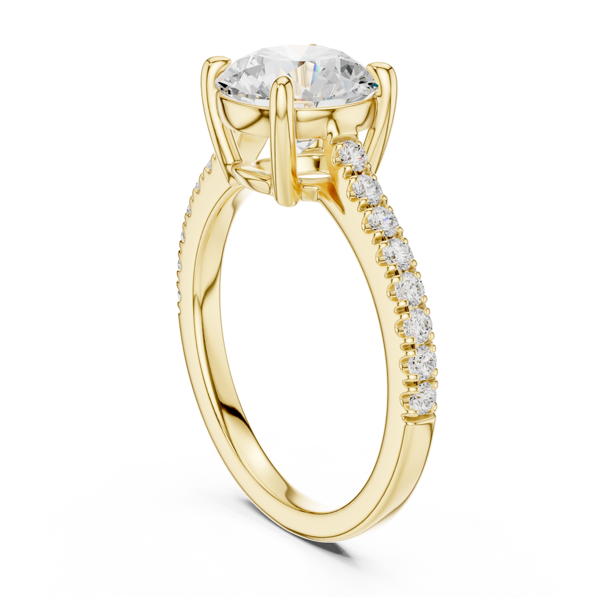 Round cathedral pave engagement ring yellow gold front view