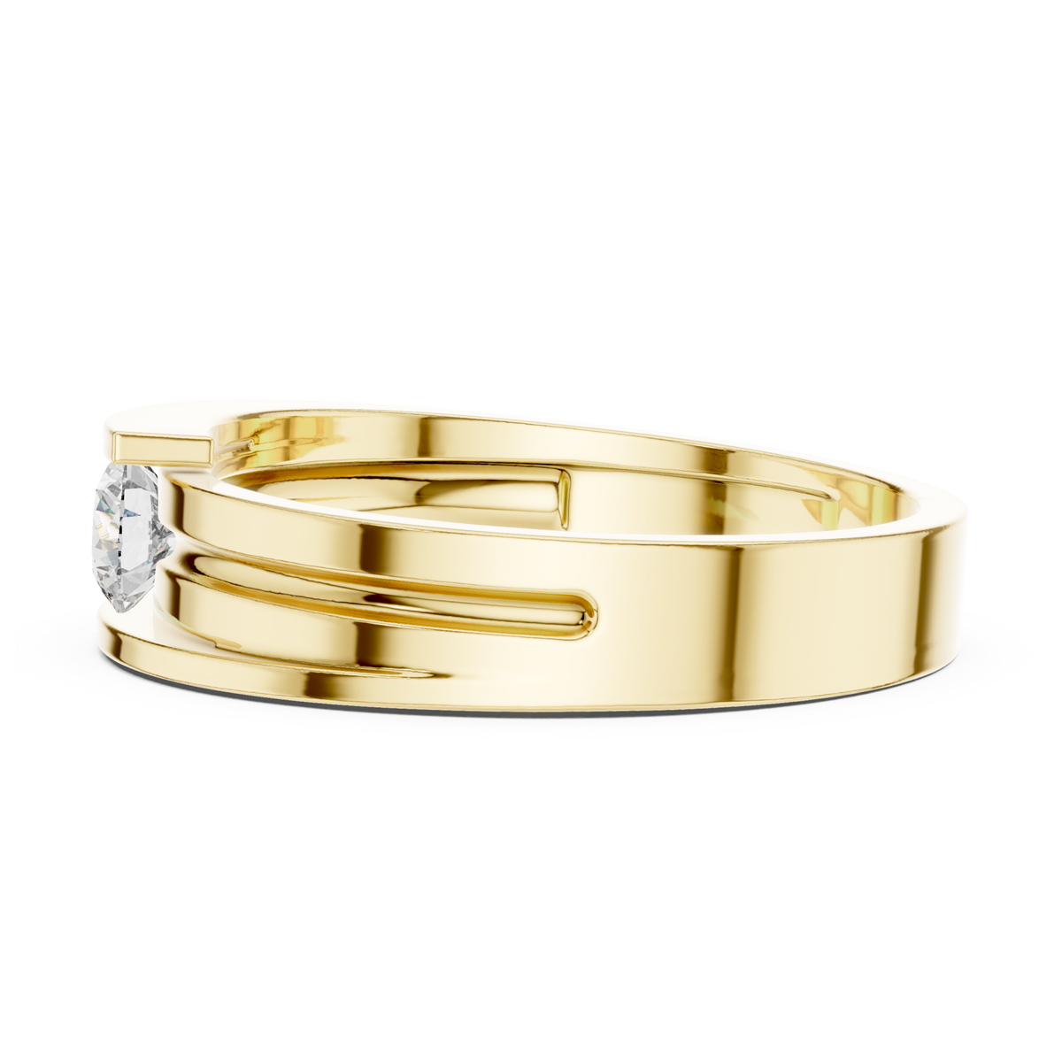 Round channel bypass band ring yellow gold angle view