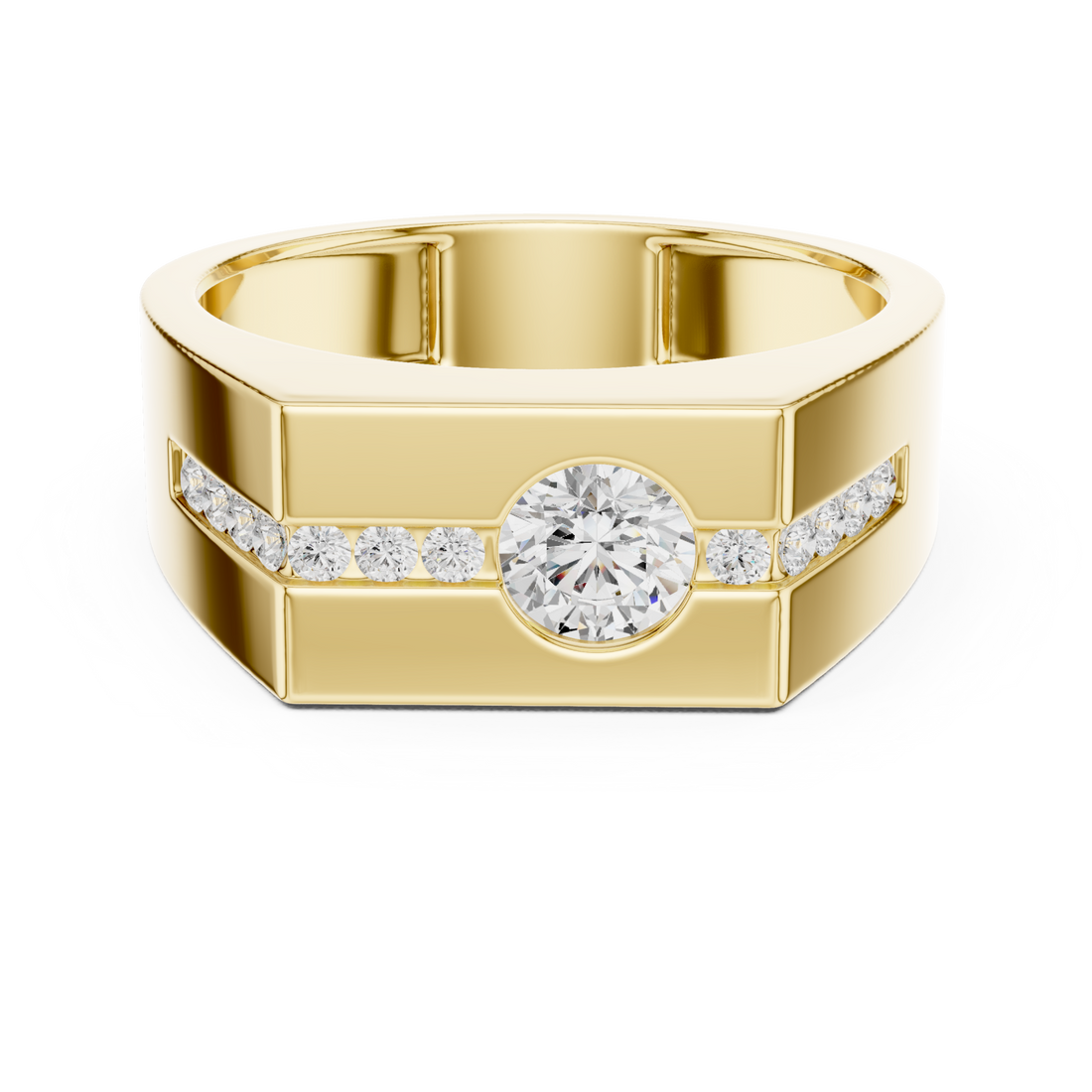 Gold Round Channel Line Signet Ring for Him Front View