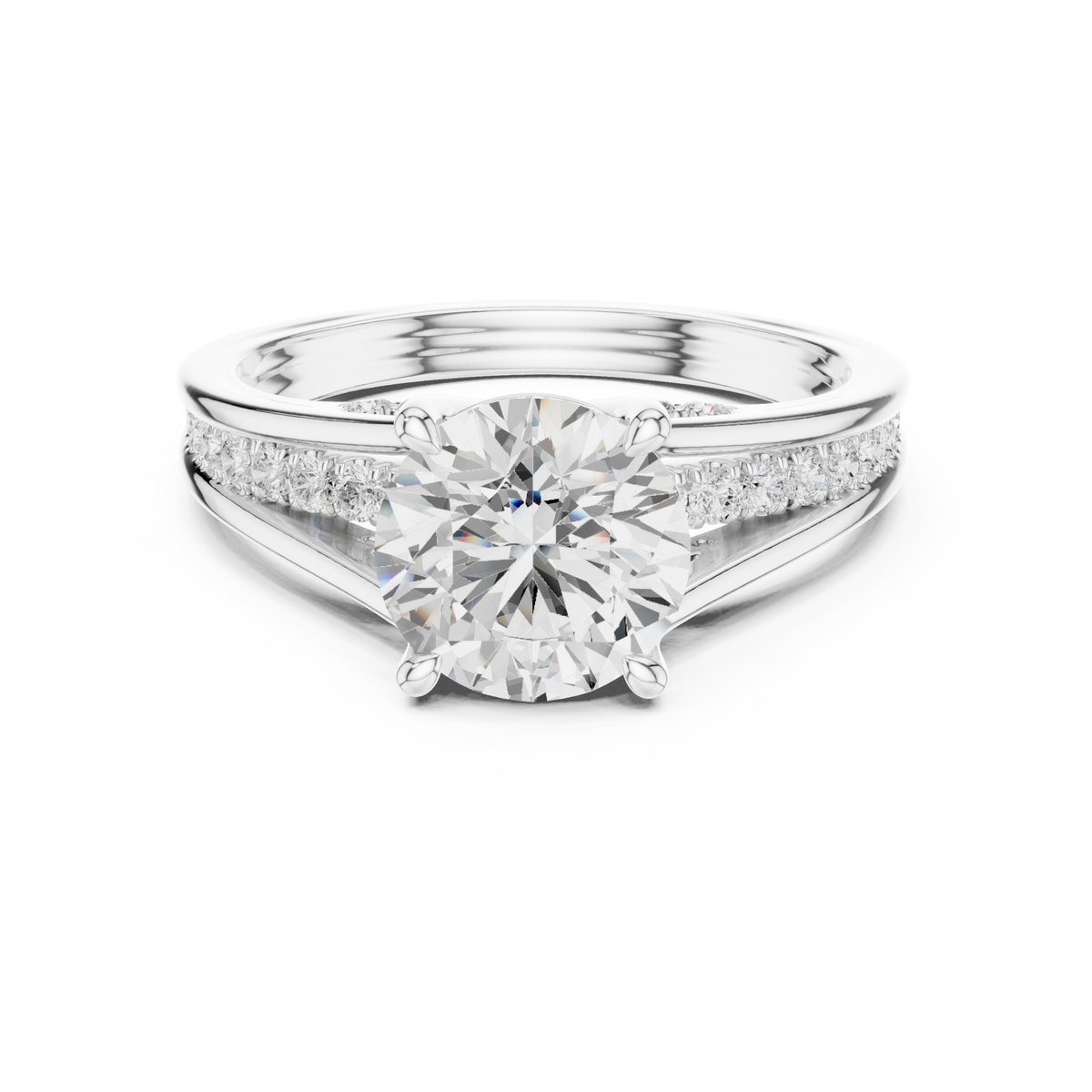 Round channel shoulder cathedral ring white gold detail view