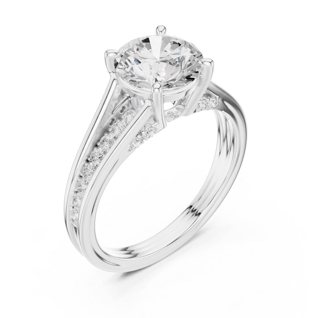 Round channel shoulder cathedral ring white gold front view
