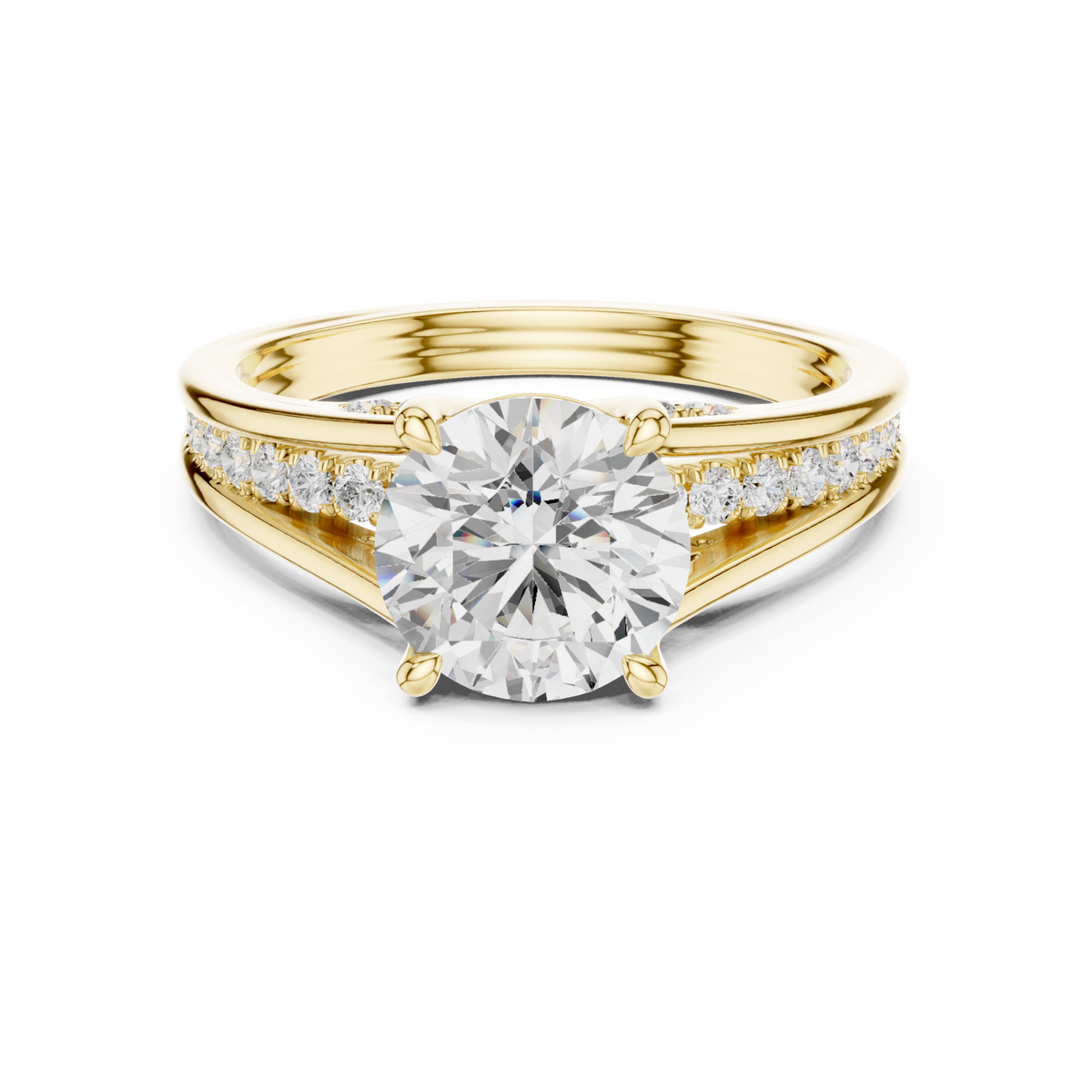 Round channel shoulder cathedral ring yellow gold detail view