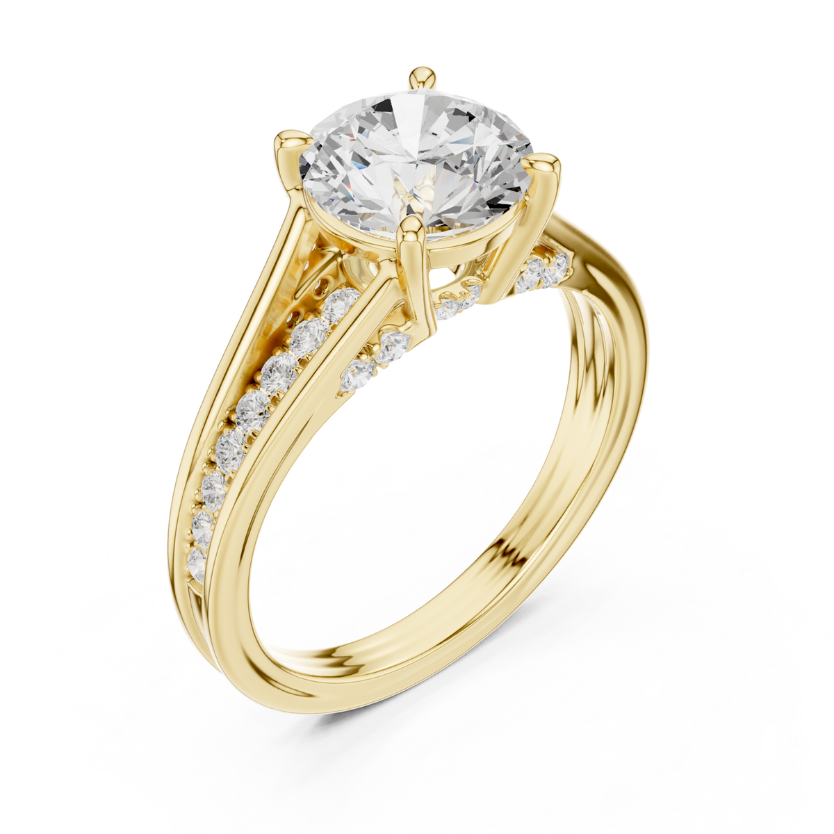 Round channel shoulder cathedral ring yellow gold front view