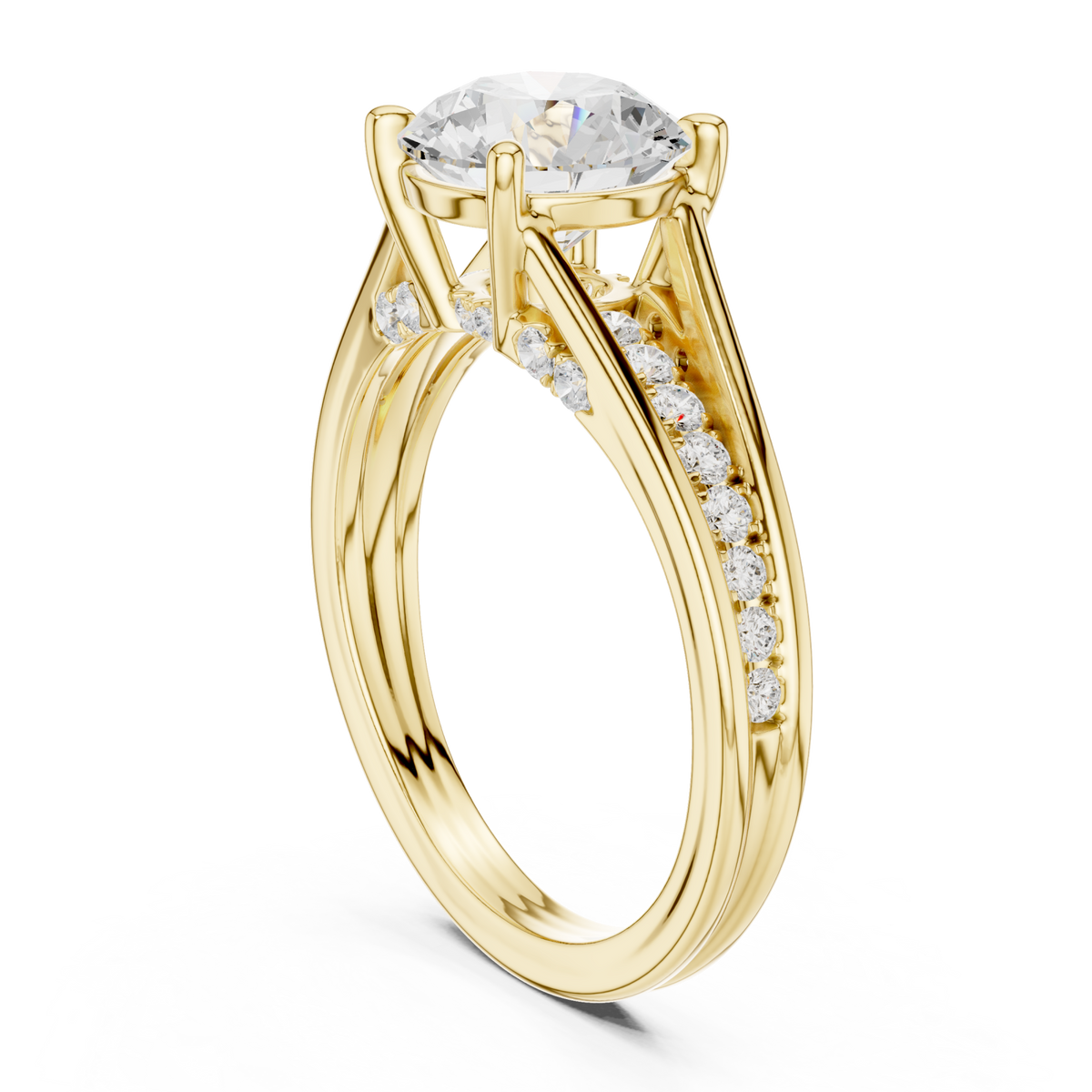 Round channel shoulder cathedral ring yellow gold side view