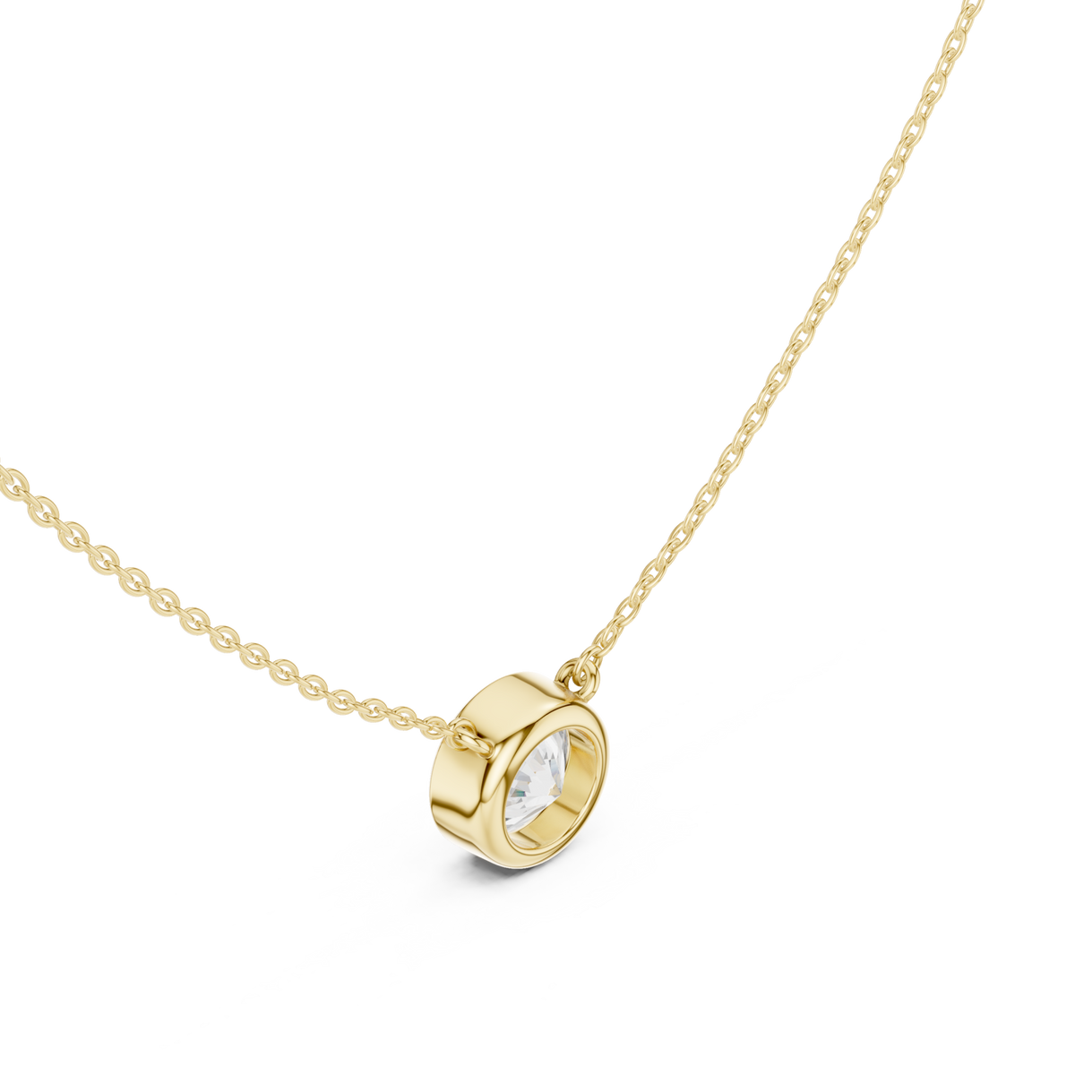 Round classic bezel solitaire pendant yellow gold angle view