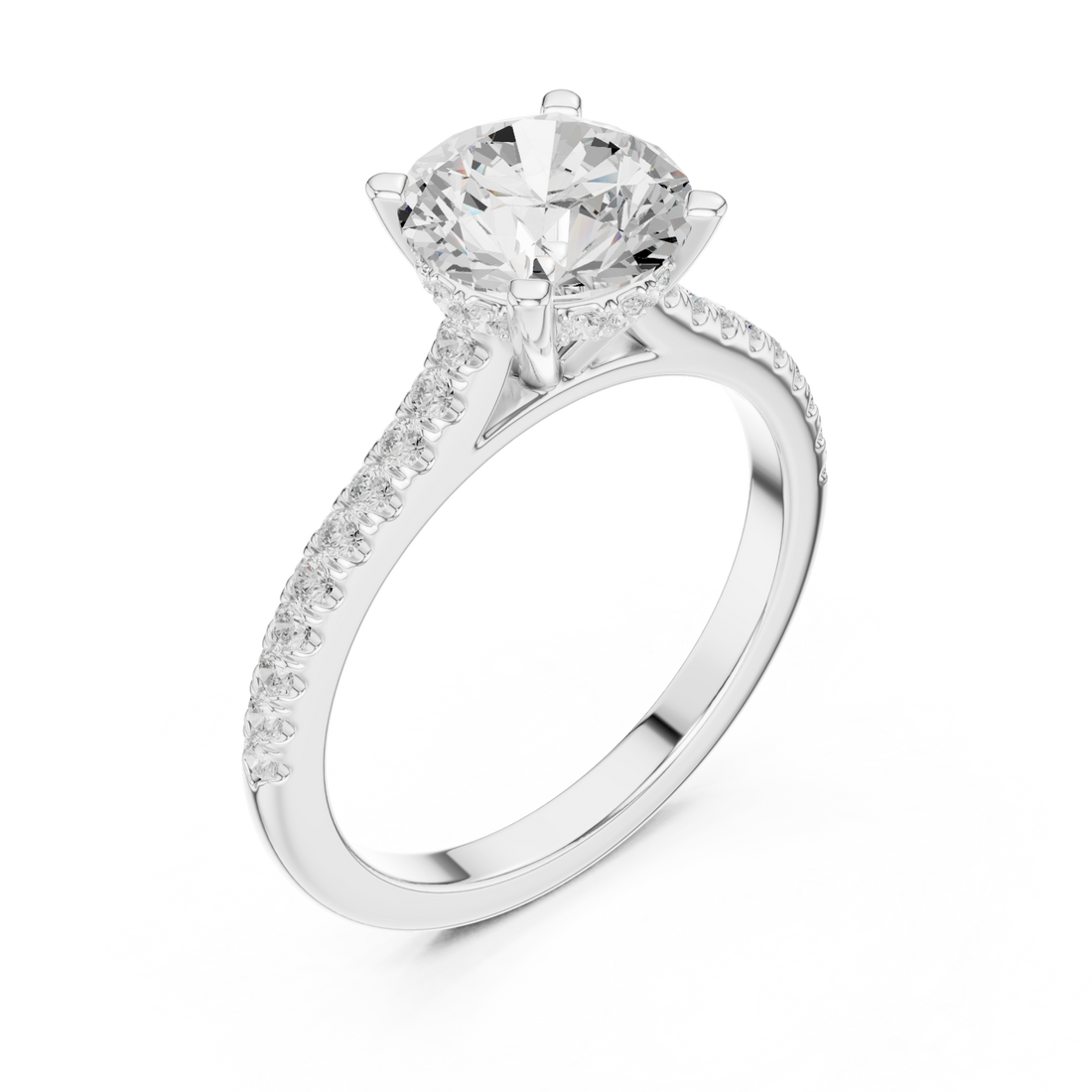 Round classic pave engagement ring white gold front view