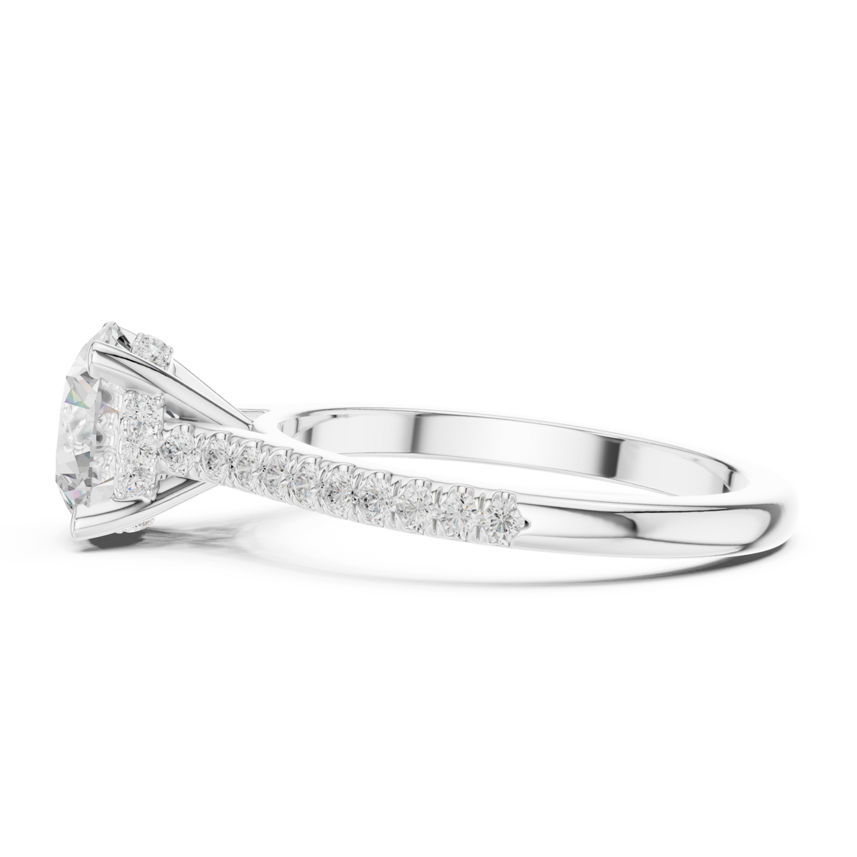 Round classic pave engagement ring white gold side view
