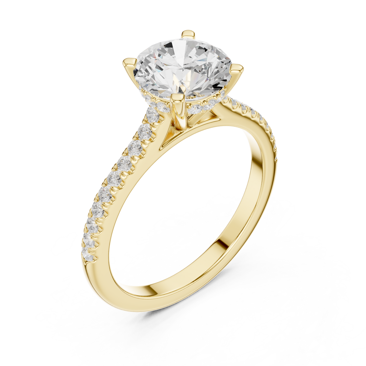 Round classic pave engagement ring yellow gold angle view