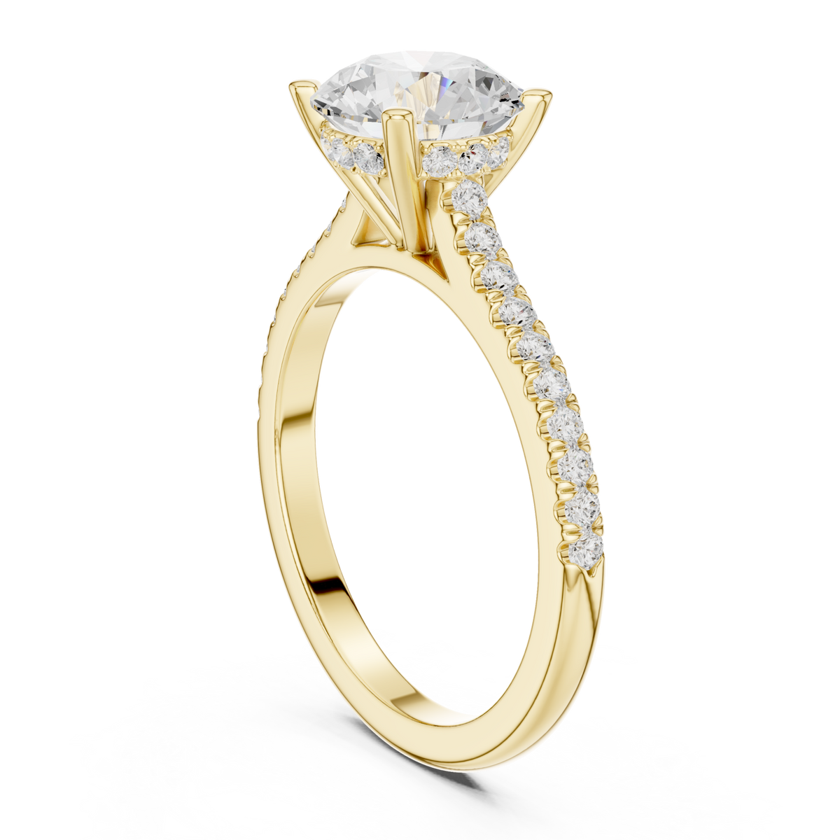 Round classic pave engagement ring yellow gold front view