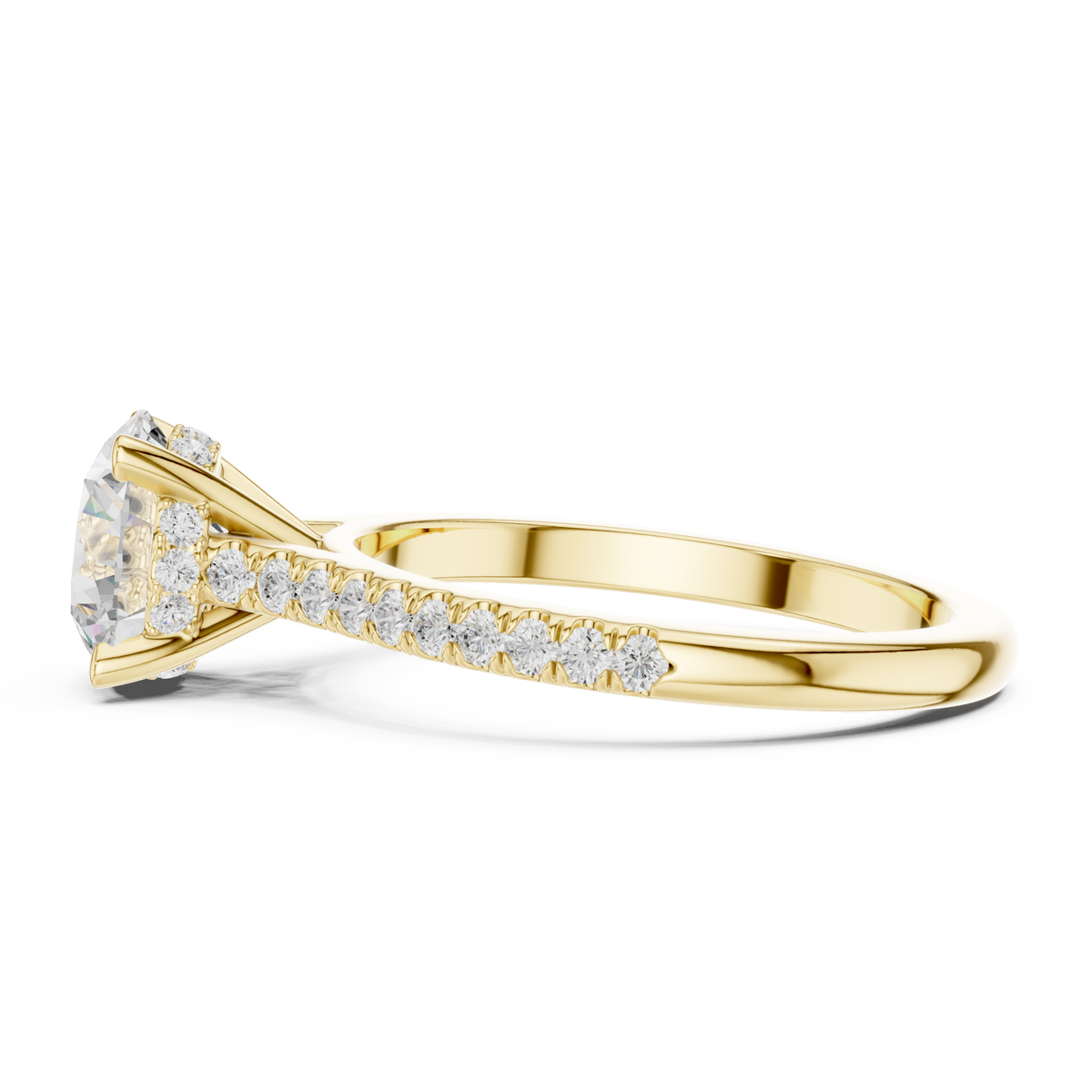 Round classic pave engagement ring yellow gold side view
