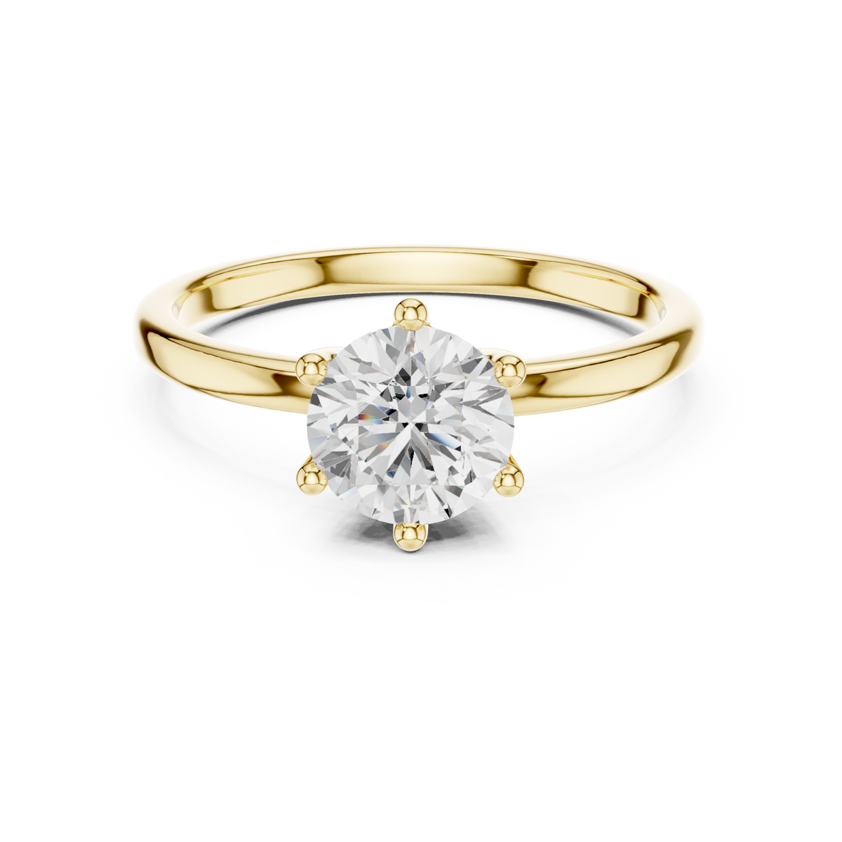 Round classic six prong solitaire ring yellow gold detail view
