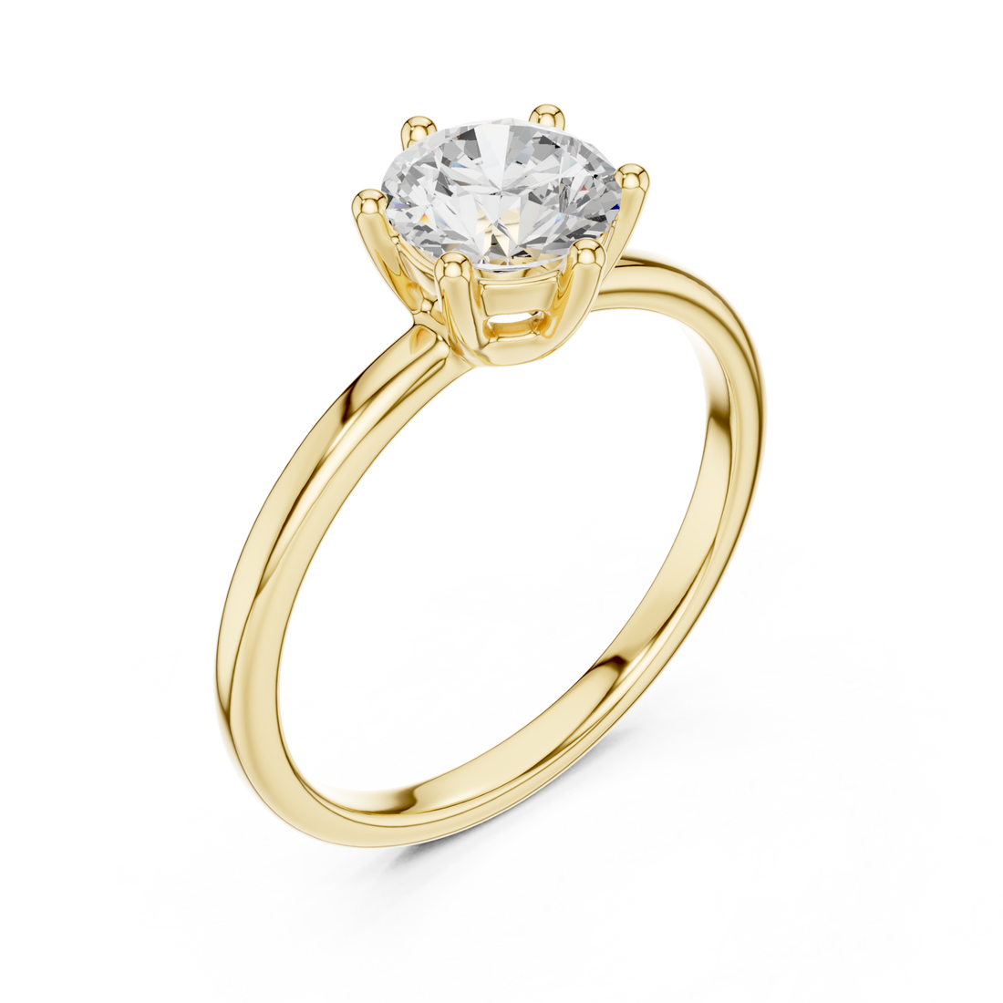 Round classic six prong solitaire ring yellow gold front view
