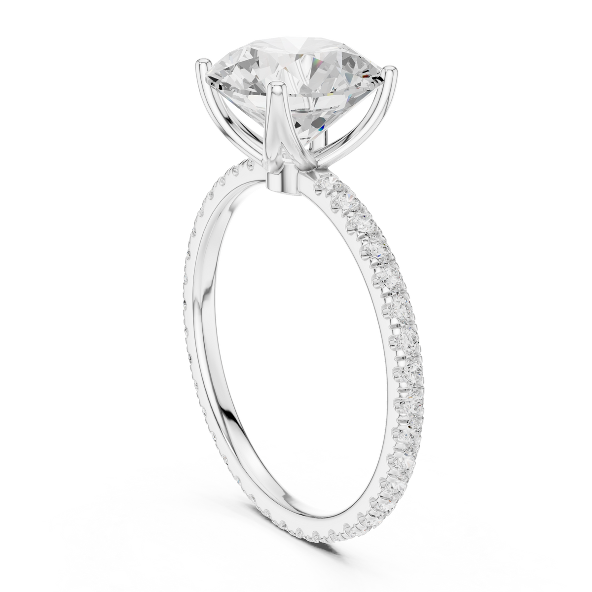 Round claw-prong pave engagement ring white gold front view