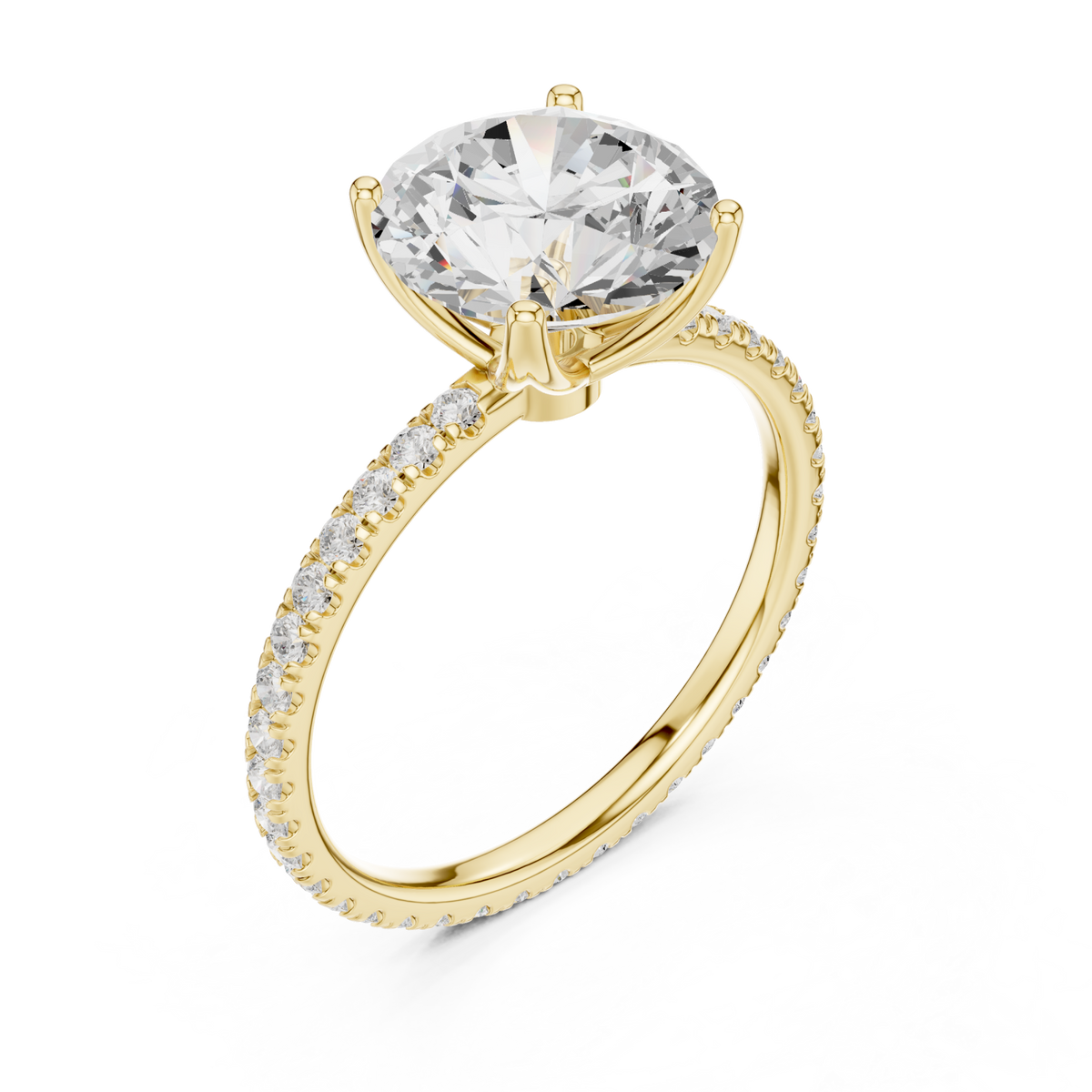 Round claw-prong pave engagement ring yellow gold angle view