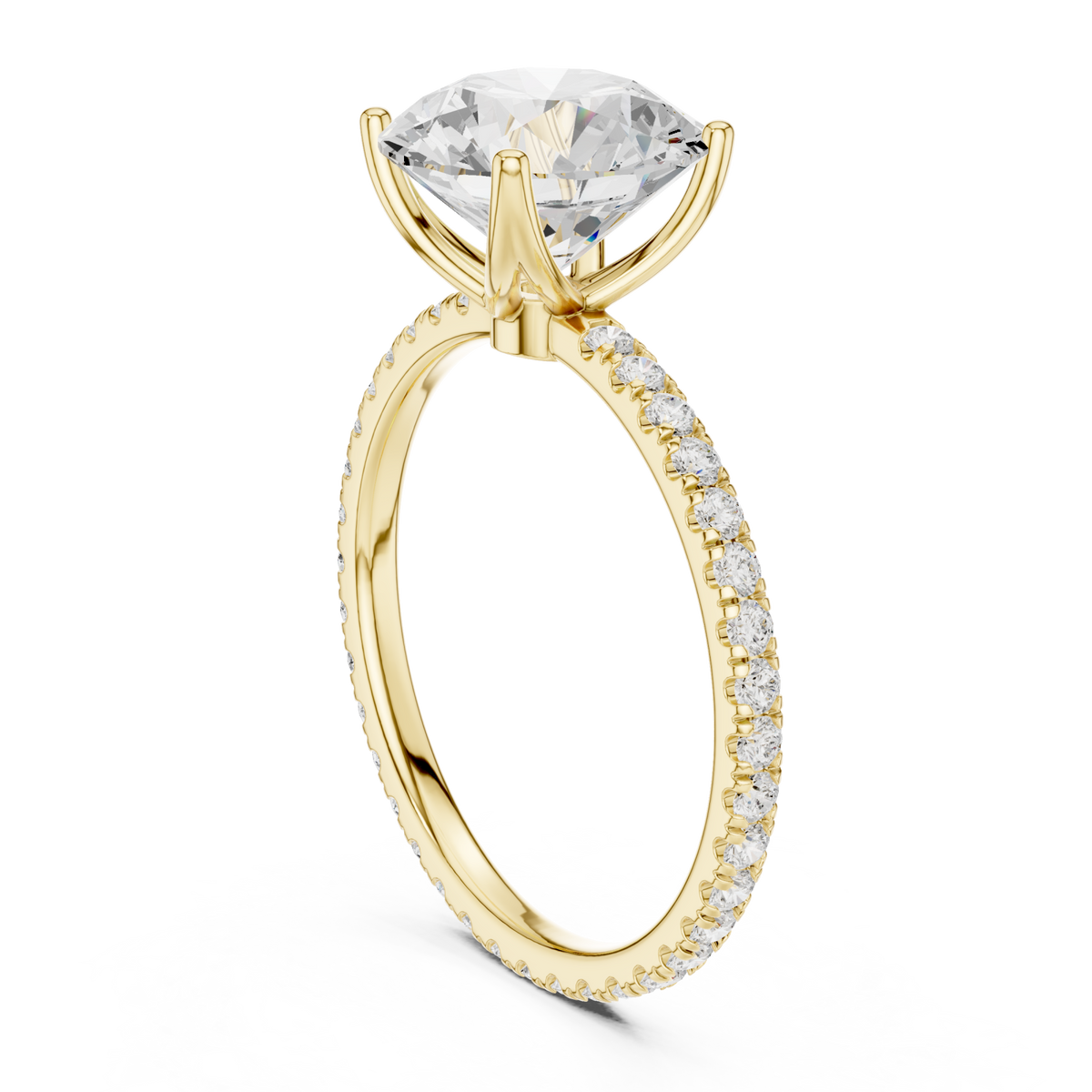 Round claw-prong pave engagement ring yellow gold front view