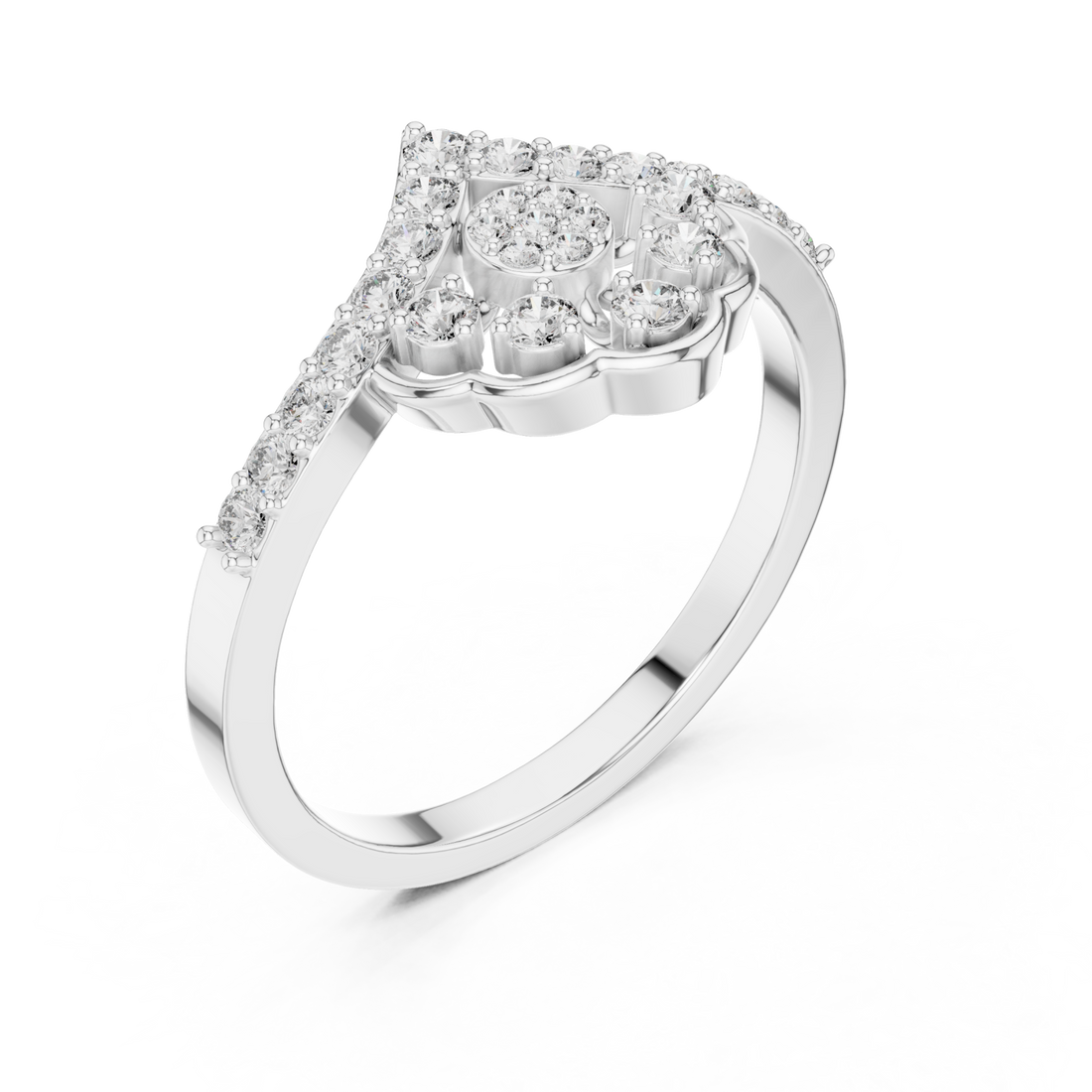 Round cluster chevron ring white gold front view