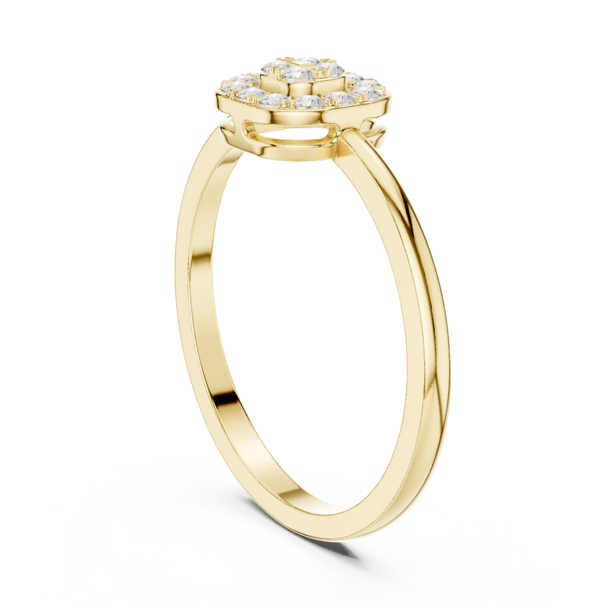 Round cluster cushion frame ring yellow gold side view