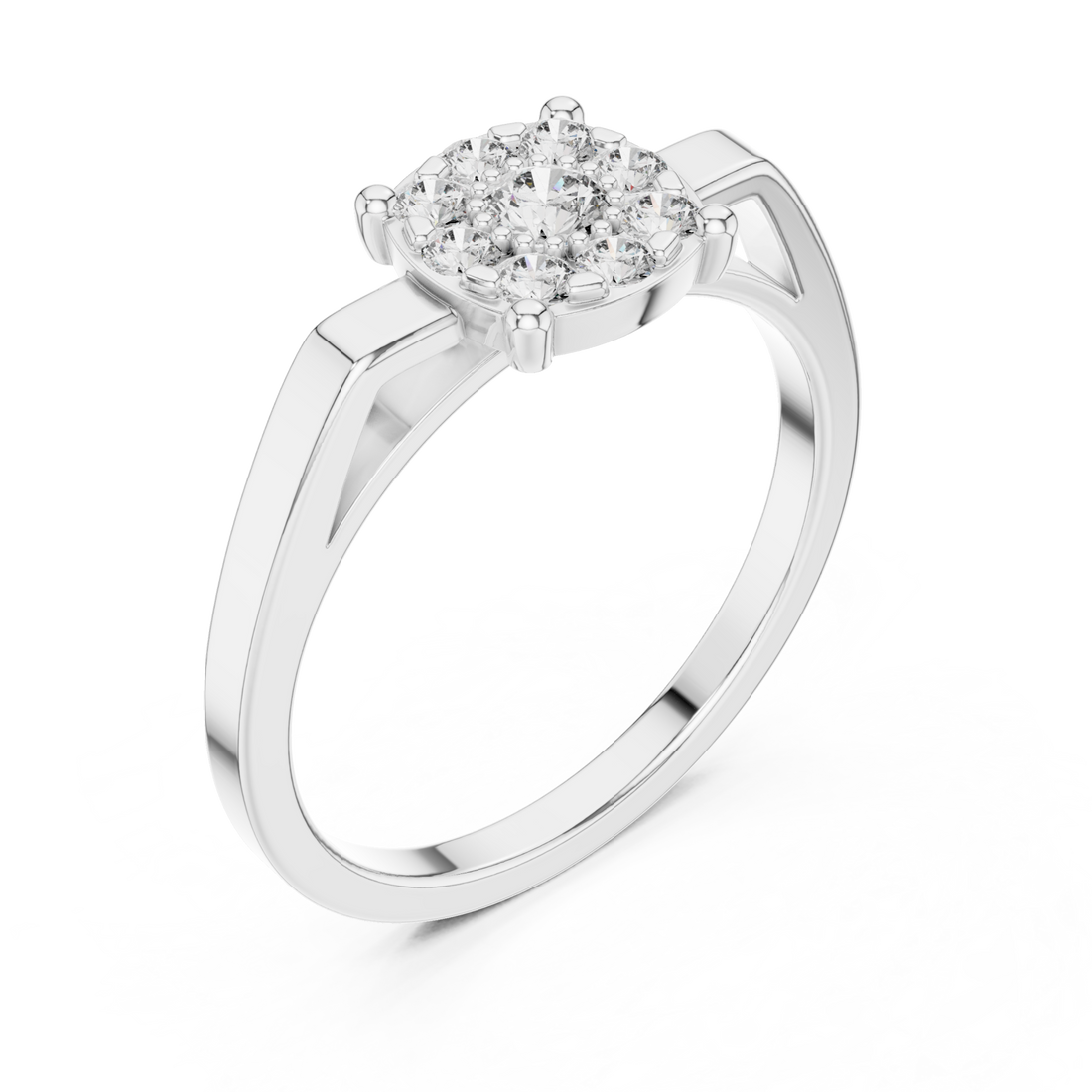 Round cluster dome knife-edge ring white gold front view