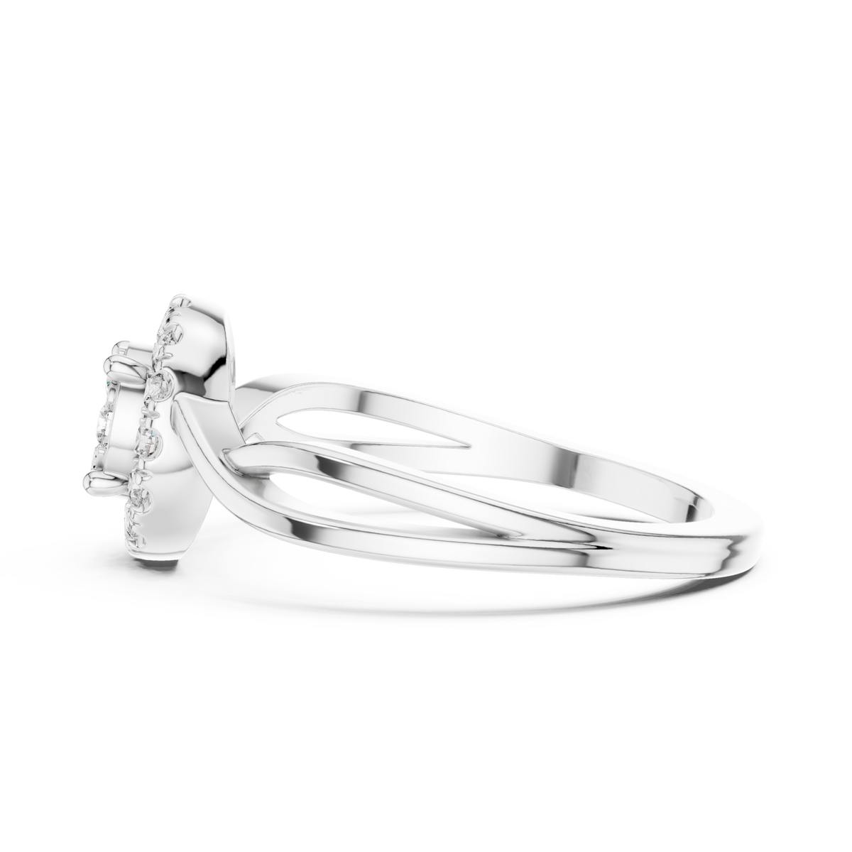 Round cluster halo twist ring white gold angle view