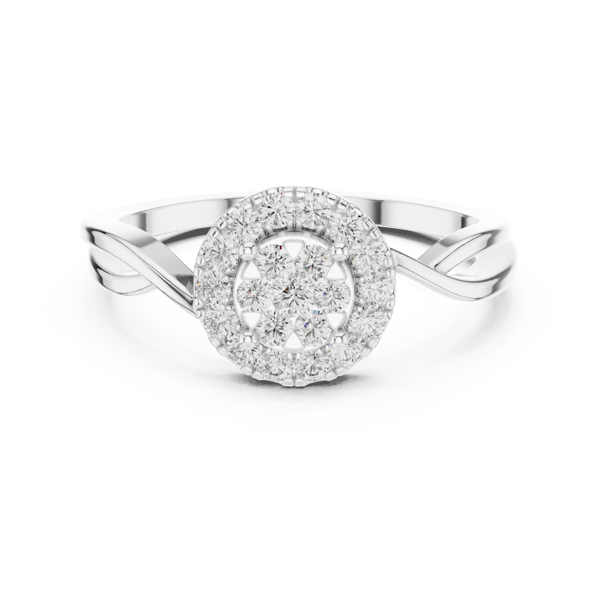 Round cluster halo twist ring white gold detail view