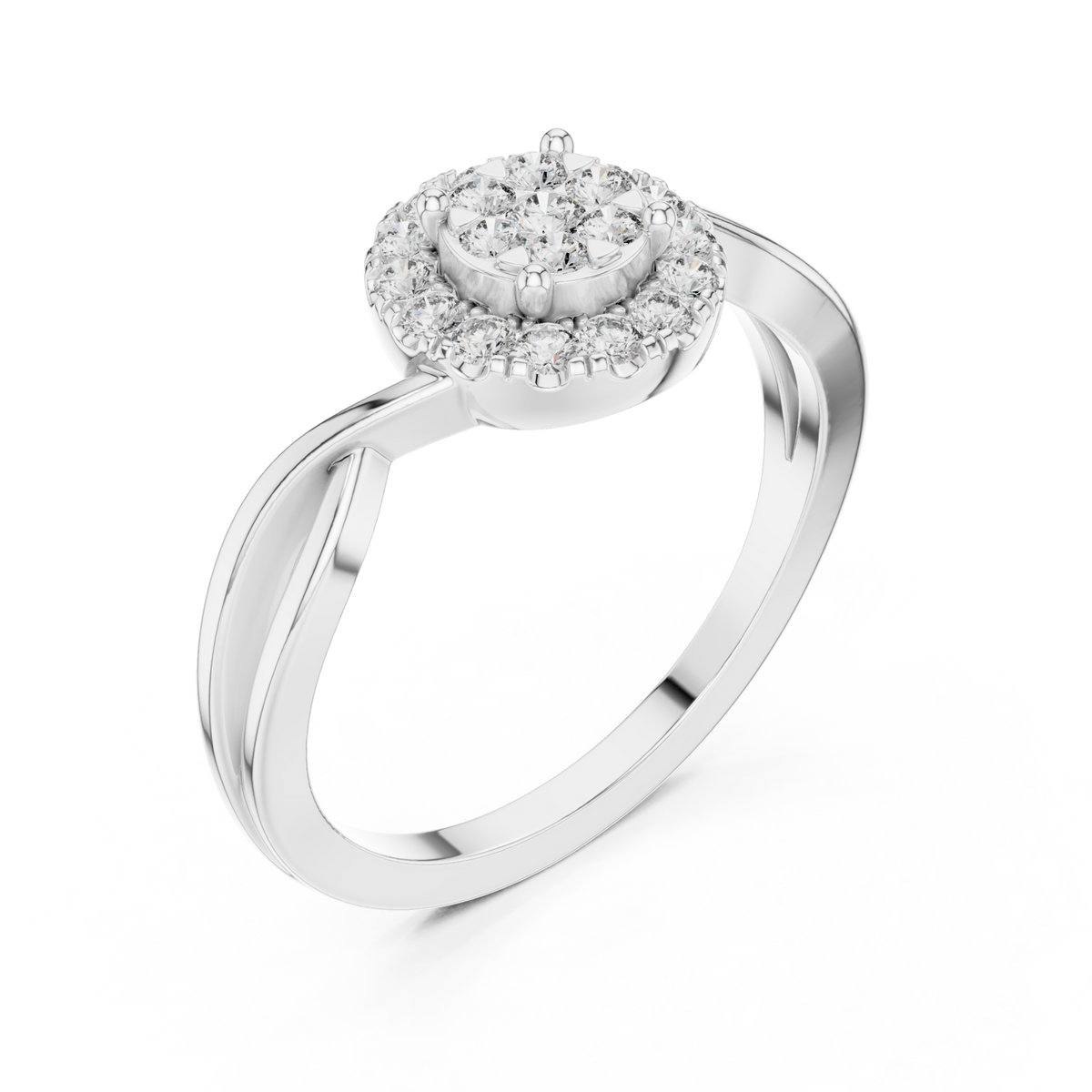 Round cluster halo twist ring white gold front view