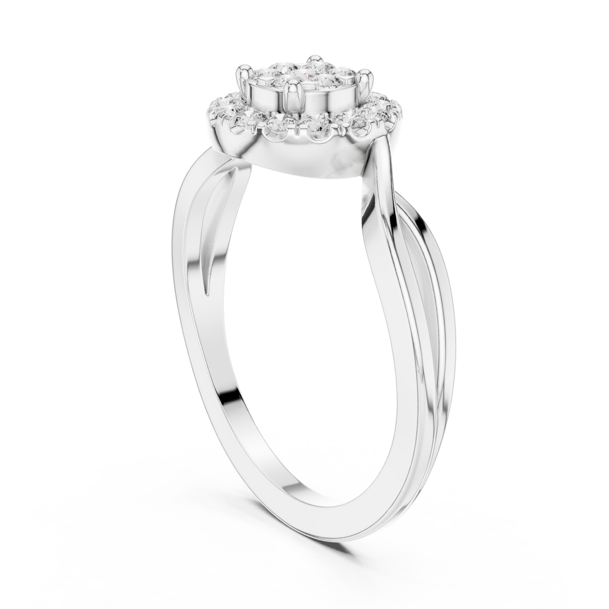 Round cluster halo twist ring white gold side view