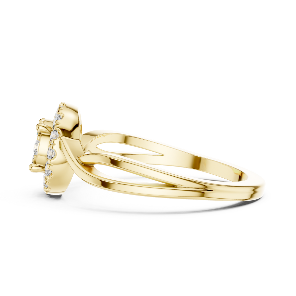 Round cluster halo twist ring yellow gold angle view