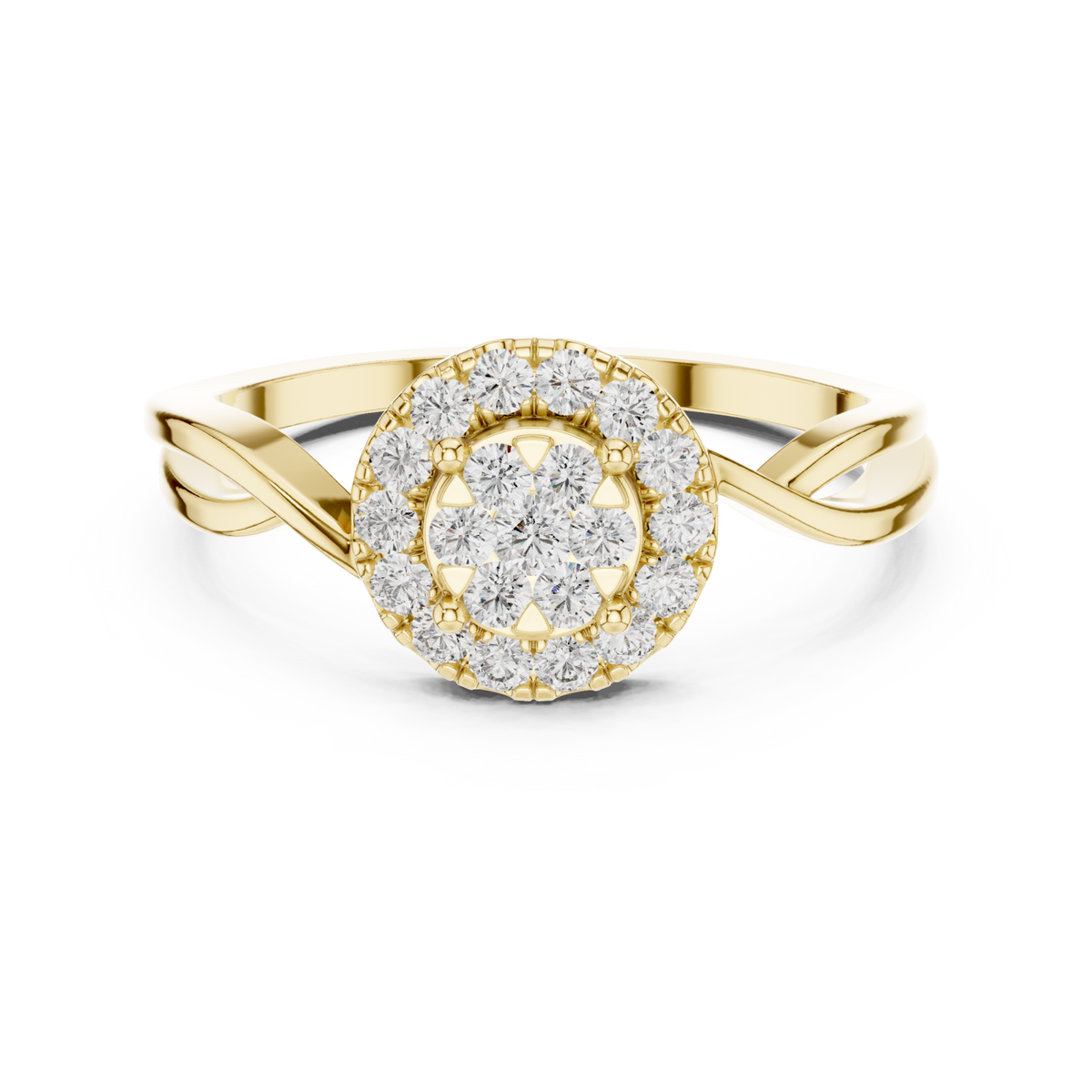 Round cluster halo twist ring yellow gold detail view