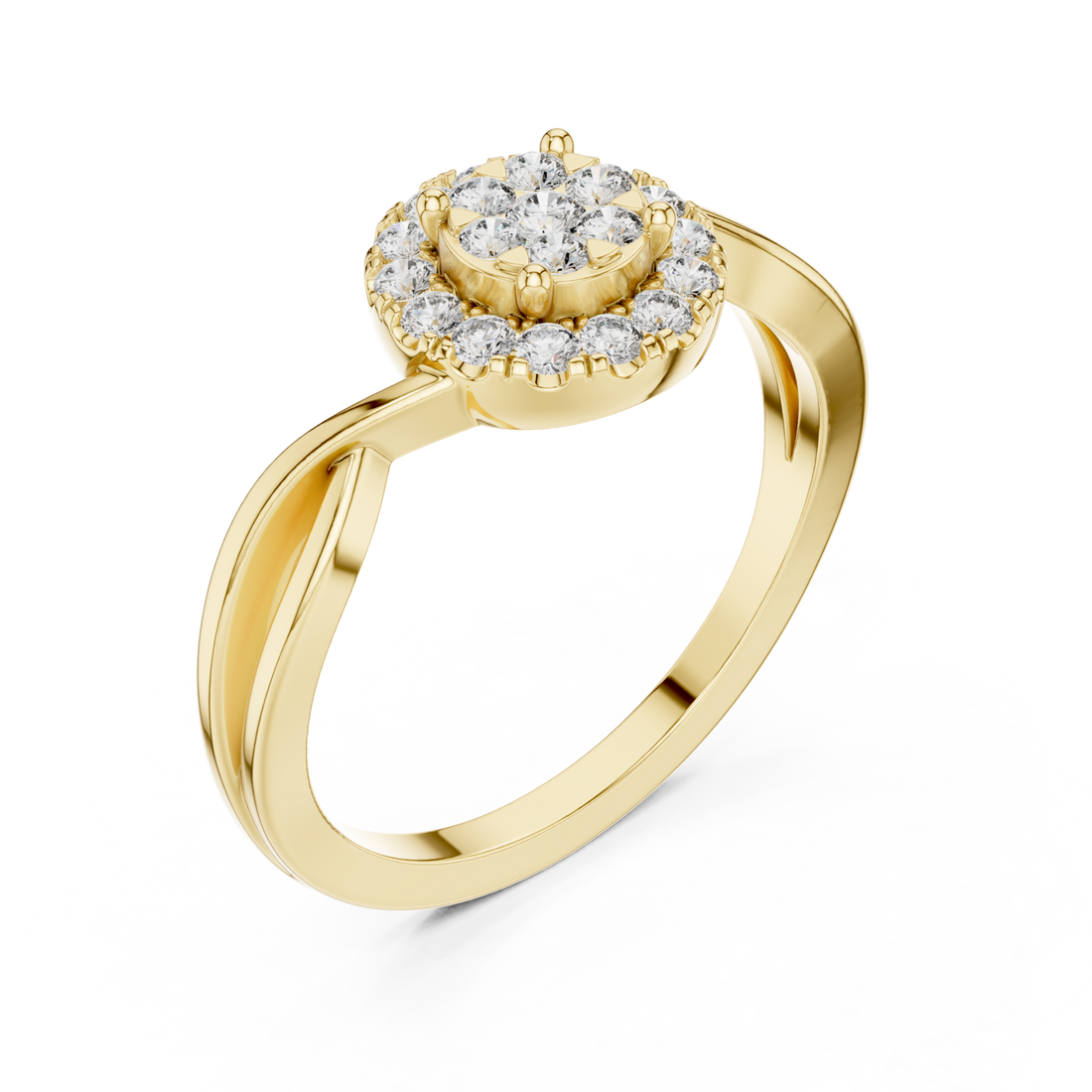 Round cluster halo twist ring yellow gold front view