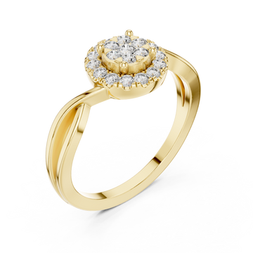 Round cluster halo twist ring yellow gold front view
