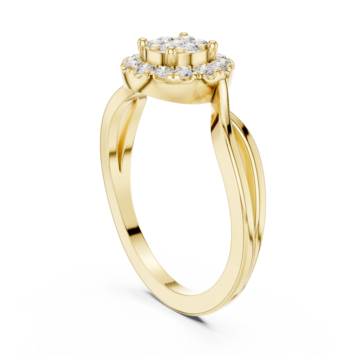 Round cluster halo twist ring yellow gold side view