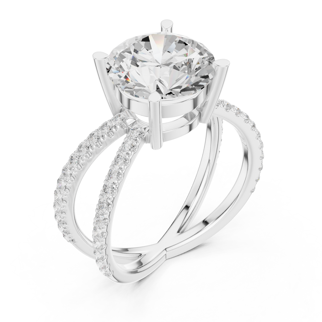 Round crossover pave engagement ring white gold front view