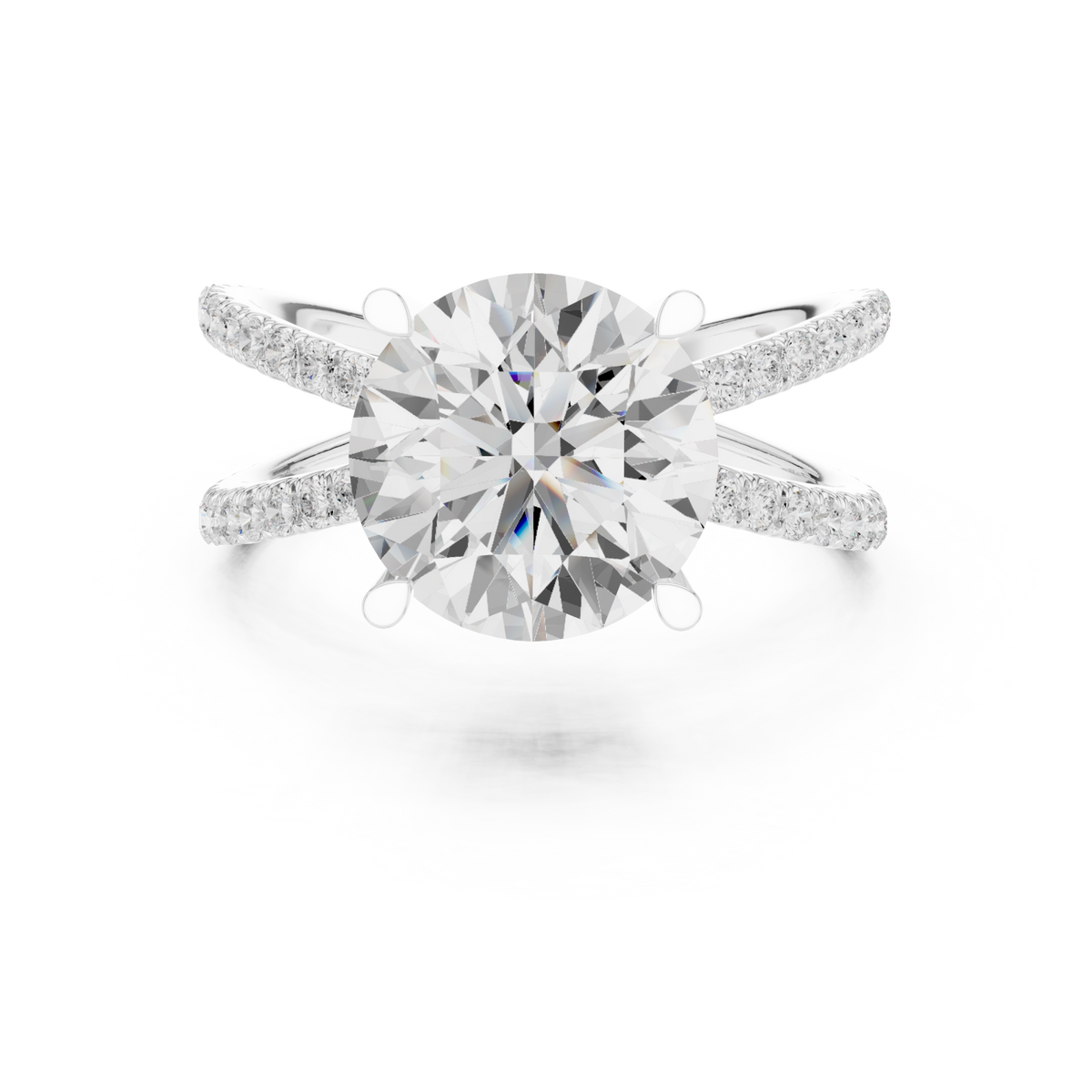 Round crossover pave engagement ring white gold detail view